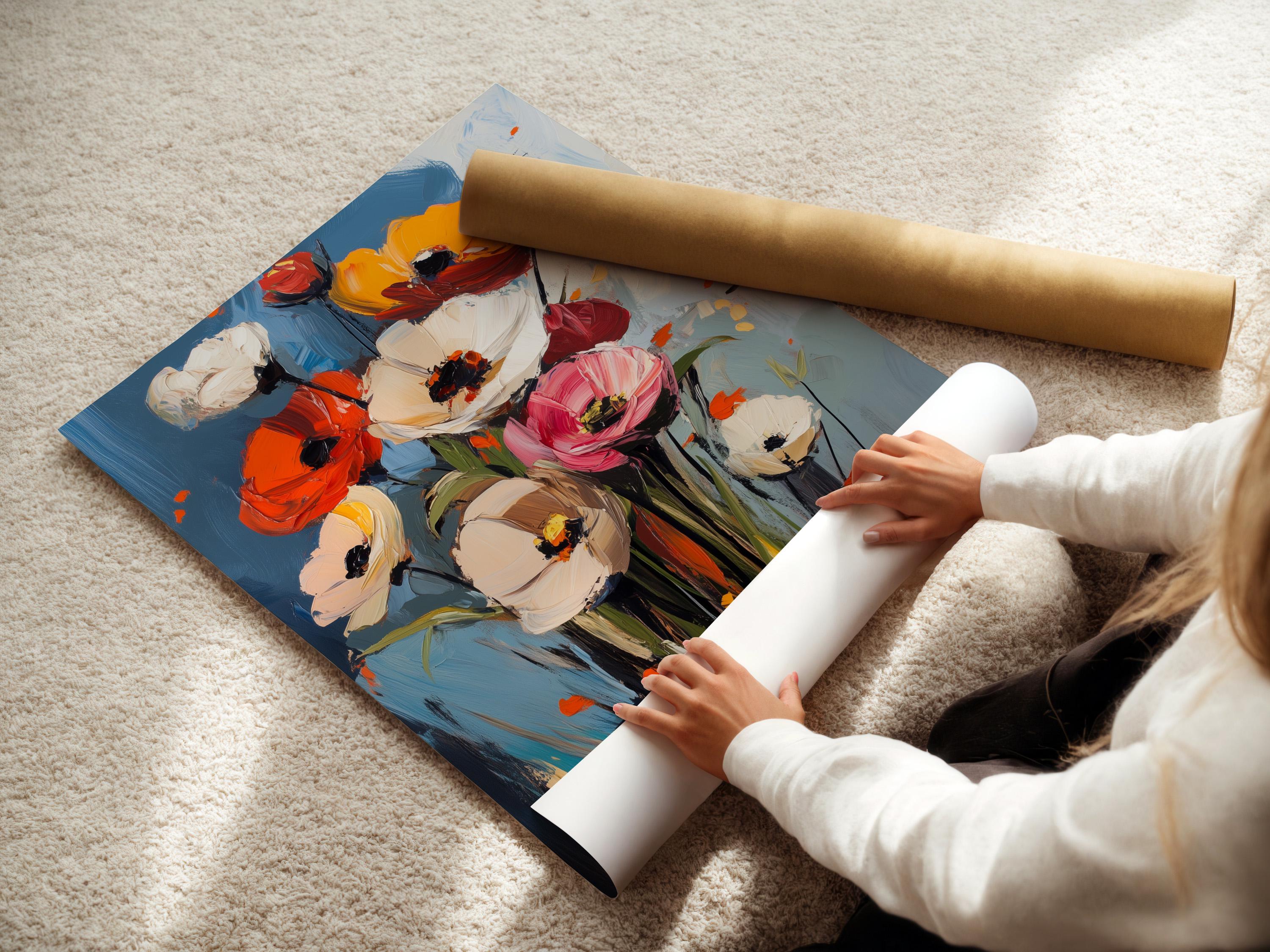 Room mockup showing framed floral artwork with poppy-like blooms and a blue background