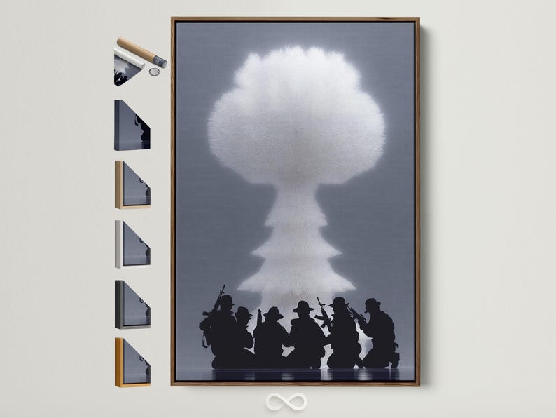 White soldier silhouette with radiating texture above dark marching soldier silhouettes