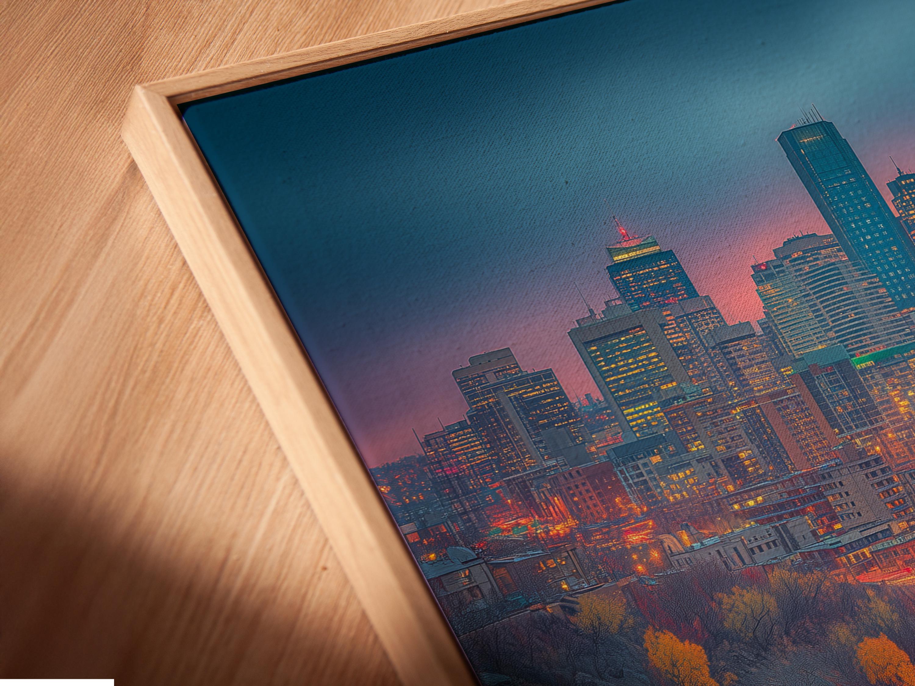 Teal and orange dusk city skyline with glowing curved road lights detail view
