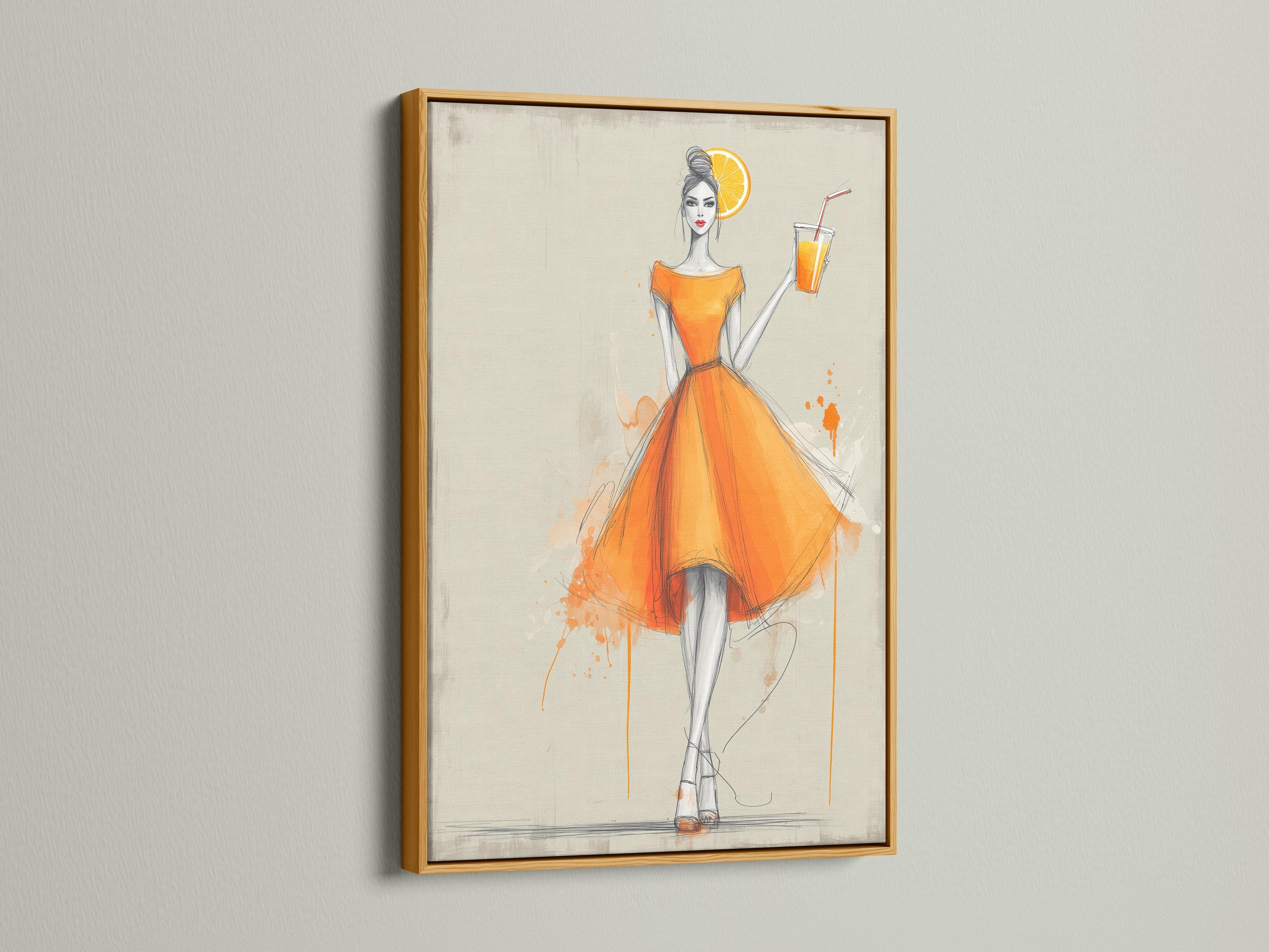 Stylised woman in an orange dress holding a drink with an orange slice against a pale background detail view