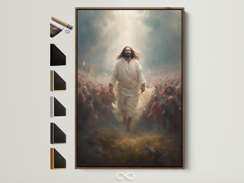Painted religious scene with a central robed figure walking through a crowd amid haze and flags