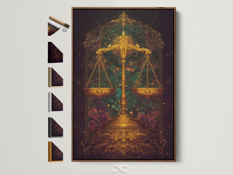 Ornate golden balance scales with filigree arches on a dark plum, speckled celestial background