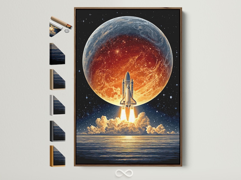 Retro sci-fi rocket launching toward a glowing planet in a starry night sky