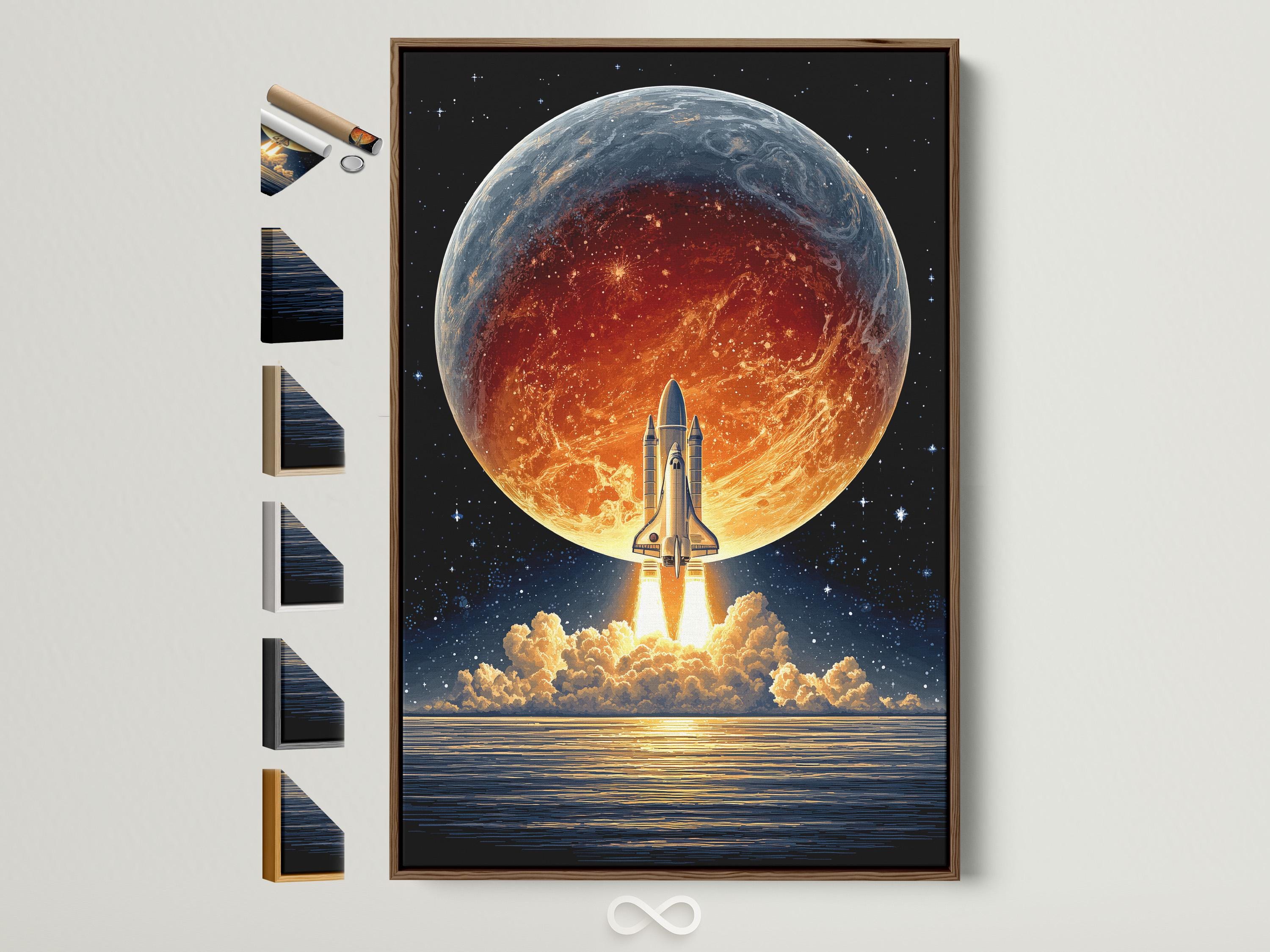 Retro sci-fi rocket launching toward a glowing planet in a starry night sky