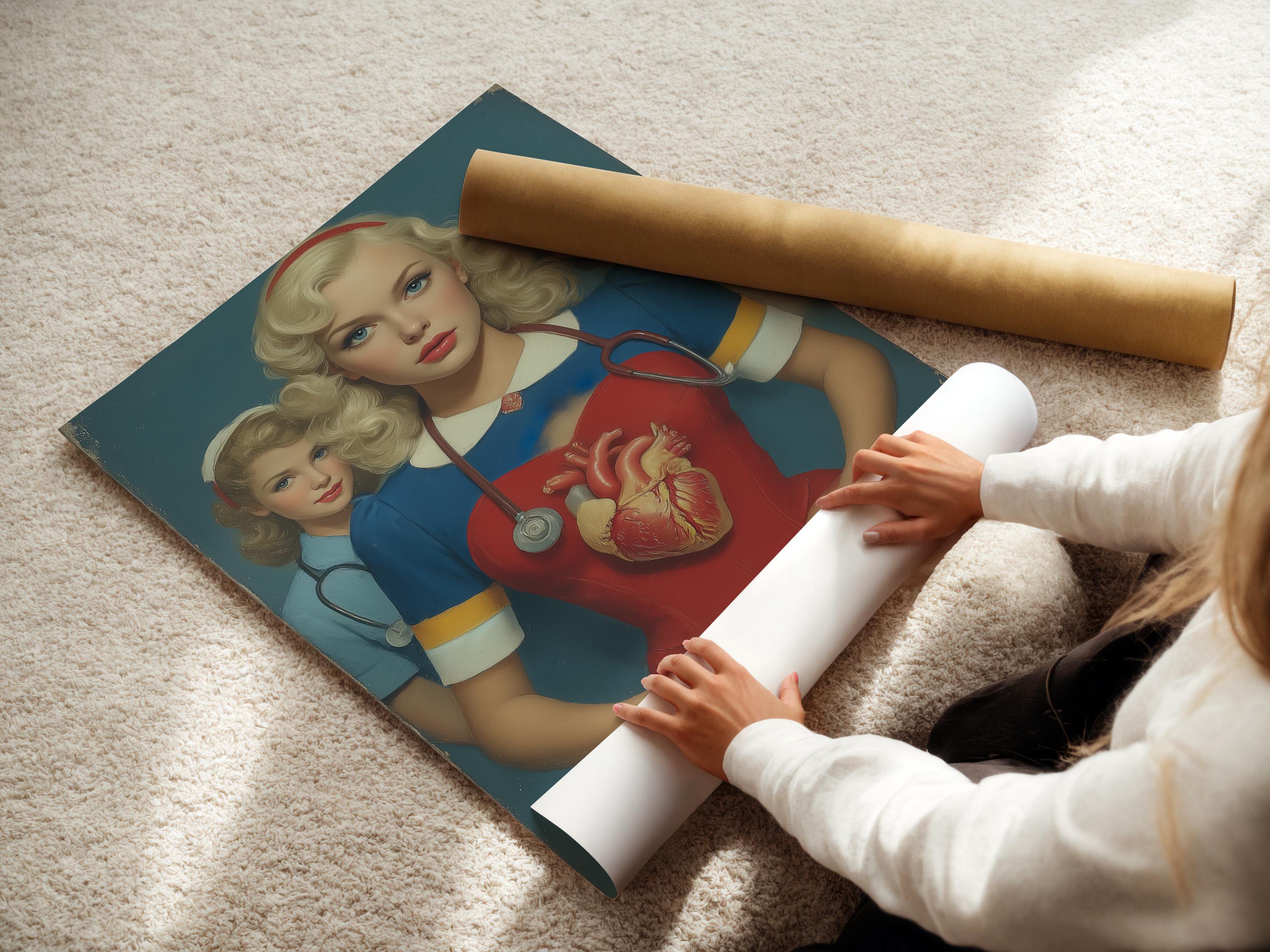 Vintage portrait of three nurses with a central anatomical heart and stethoscope detail view