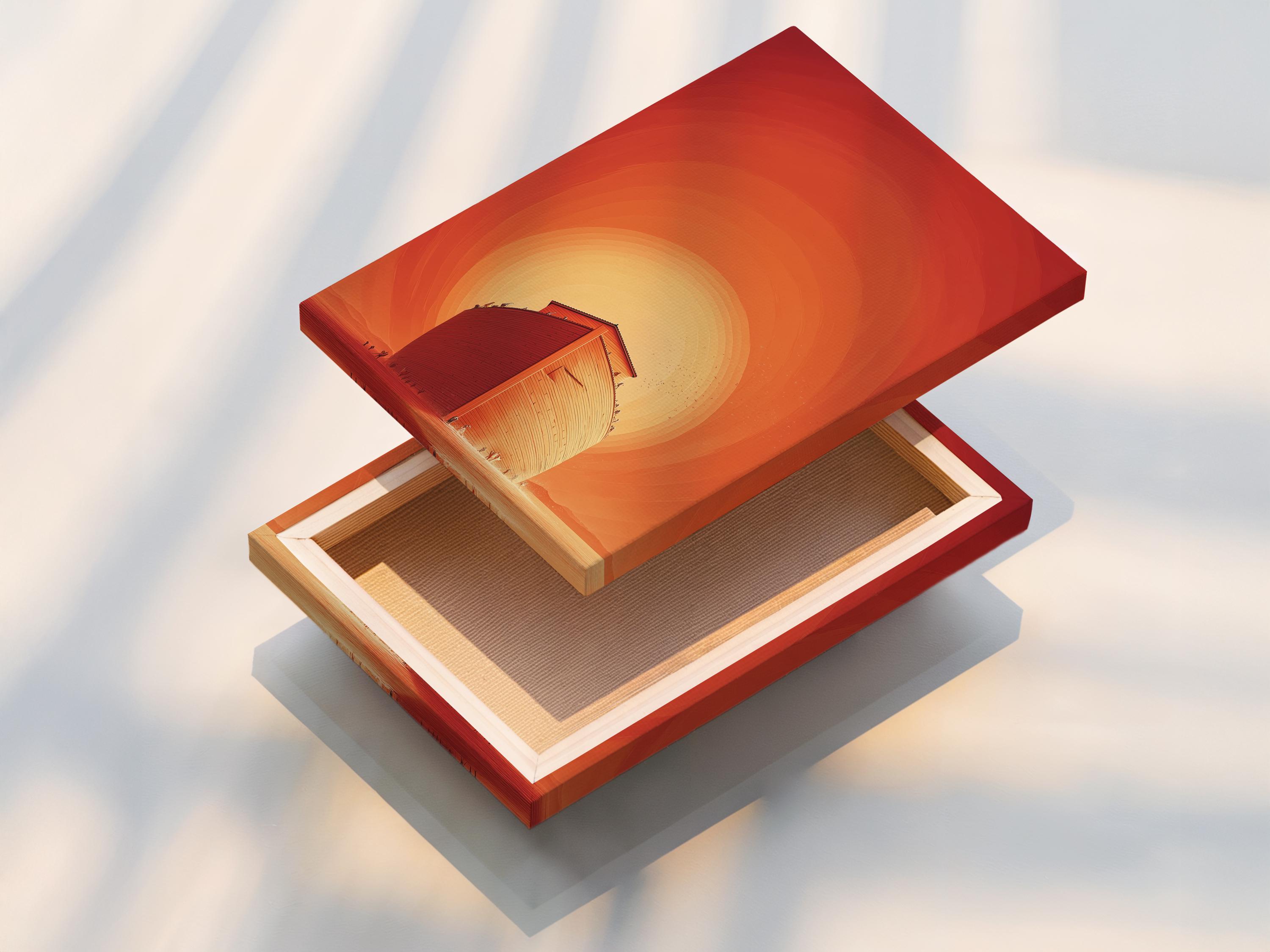 Ark-like vessel in a warm orange sunset scene with a glowing sun halo detail view