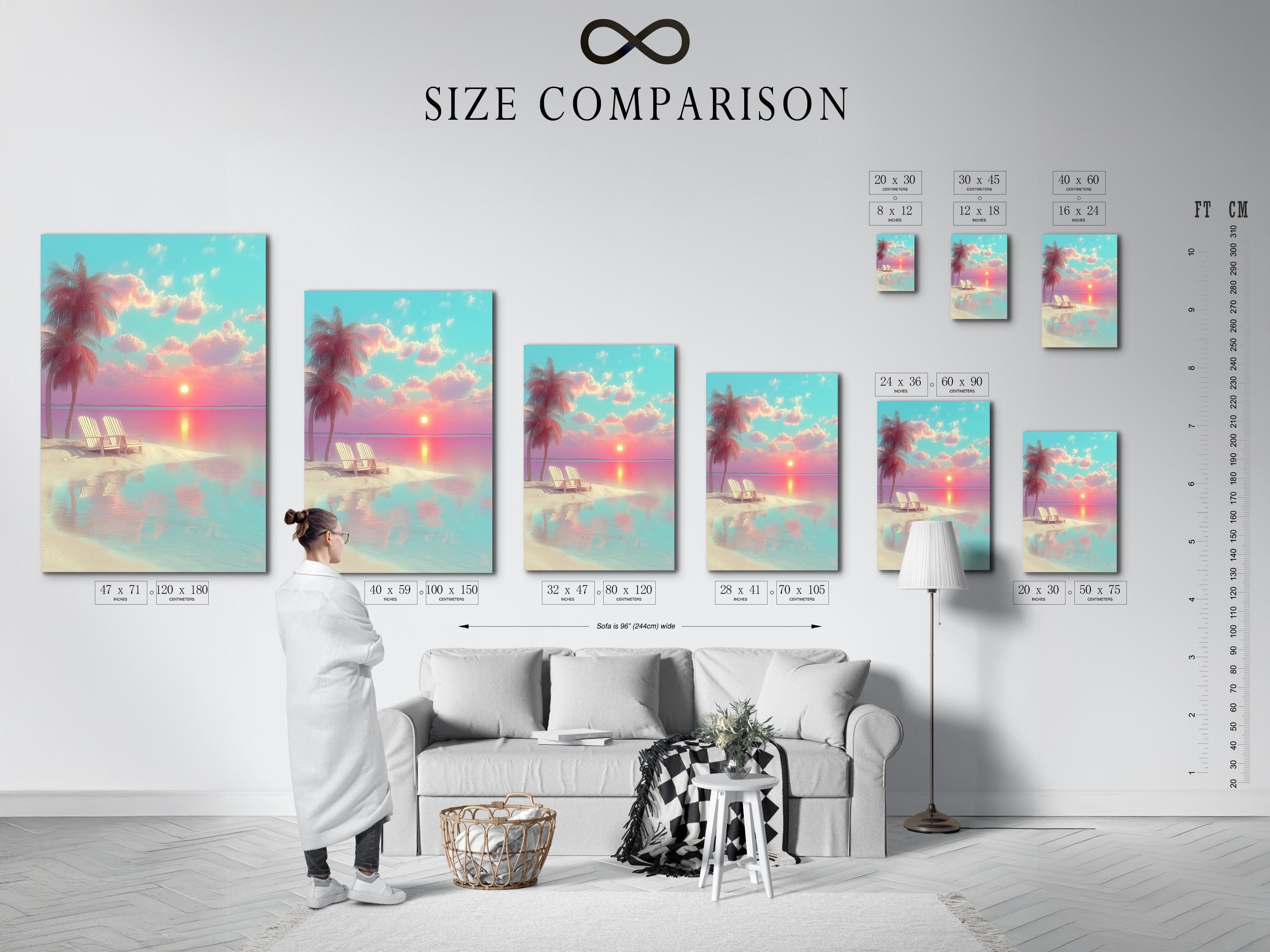 Room mockup showing beach sunset artwork in a framed seascape design