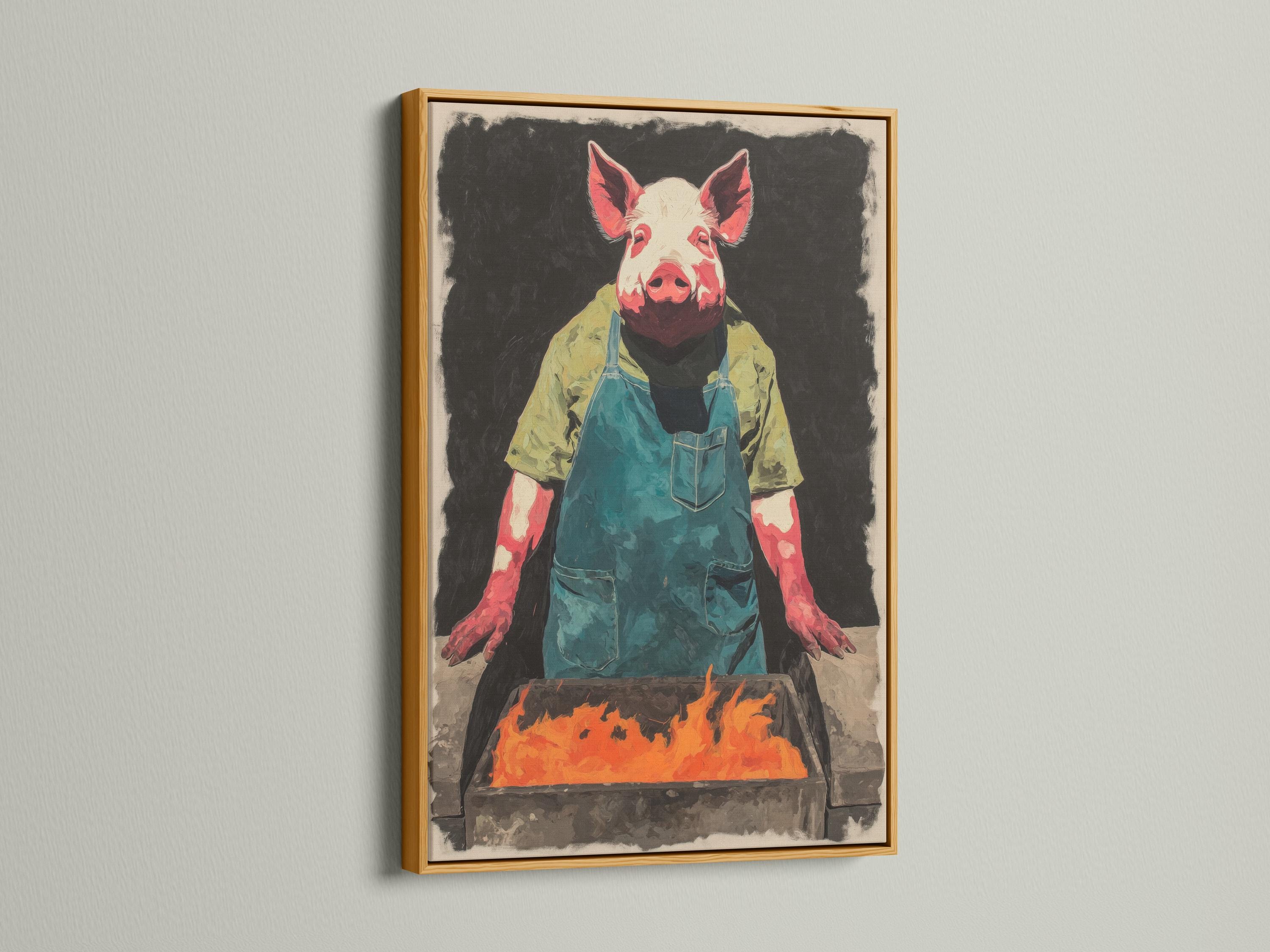 Pig chef illustration with a teal apron behind a grill, flames in front detail view