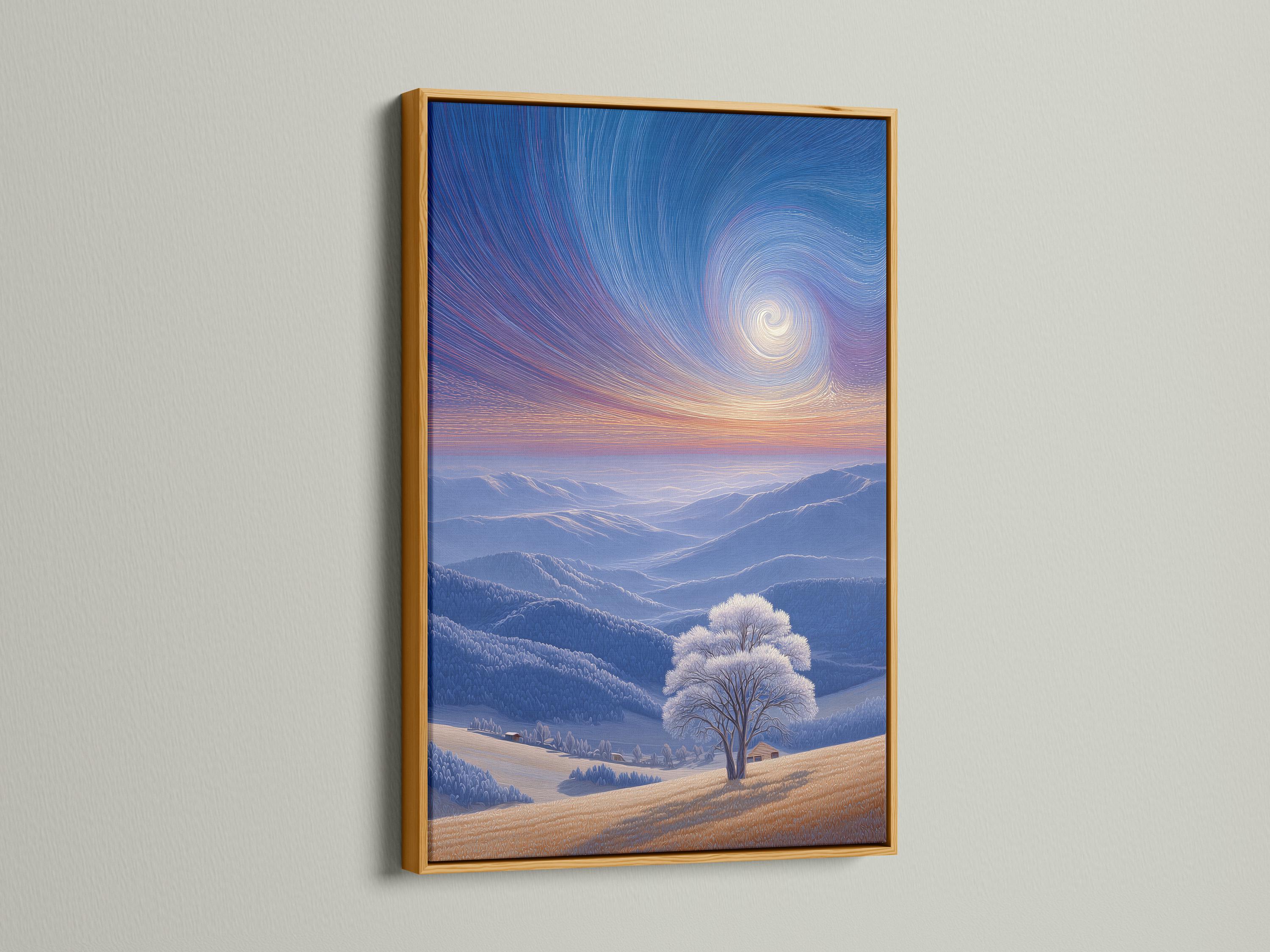 Room mockup showing a framed winter sky mountain landscape artwork on a wall