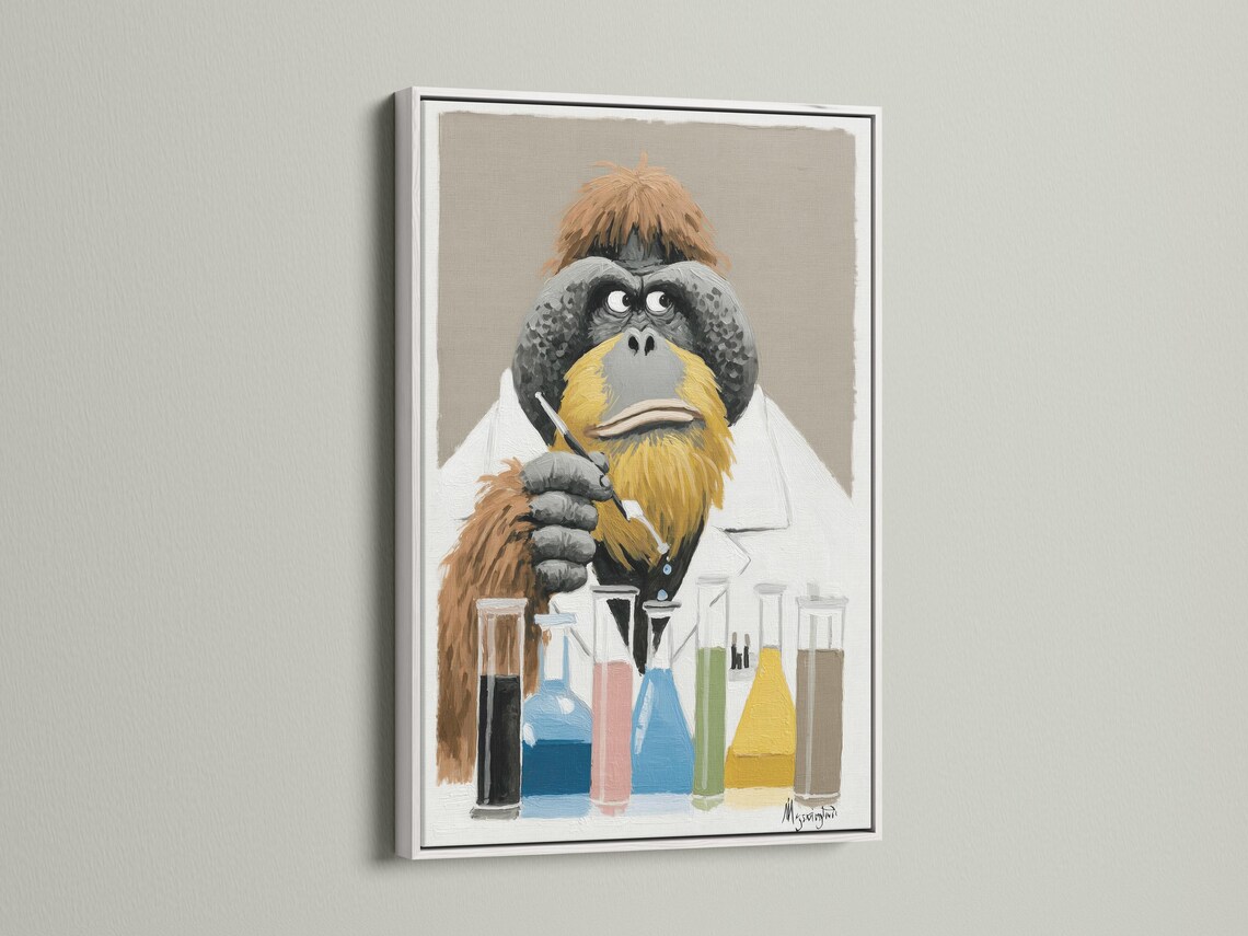 Painterly ape scientist in a white lab coat holding a marker-like tool with colourful lab bottles and beakers below detail view