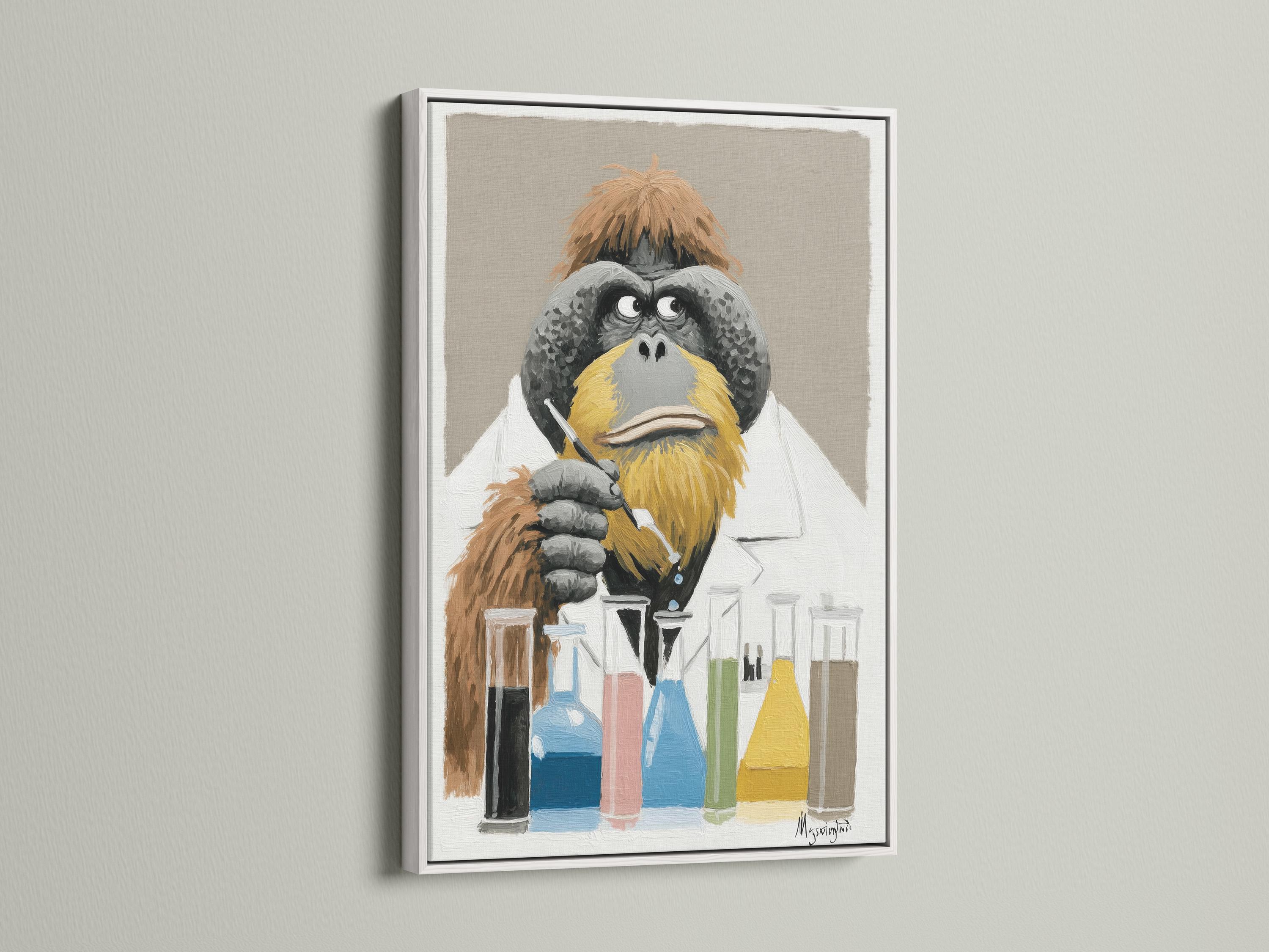 Painterly ape scientist in a white lab coat holding a marker-like tool with colourful lab bottles and beakers below detail view
