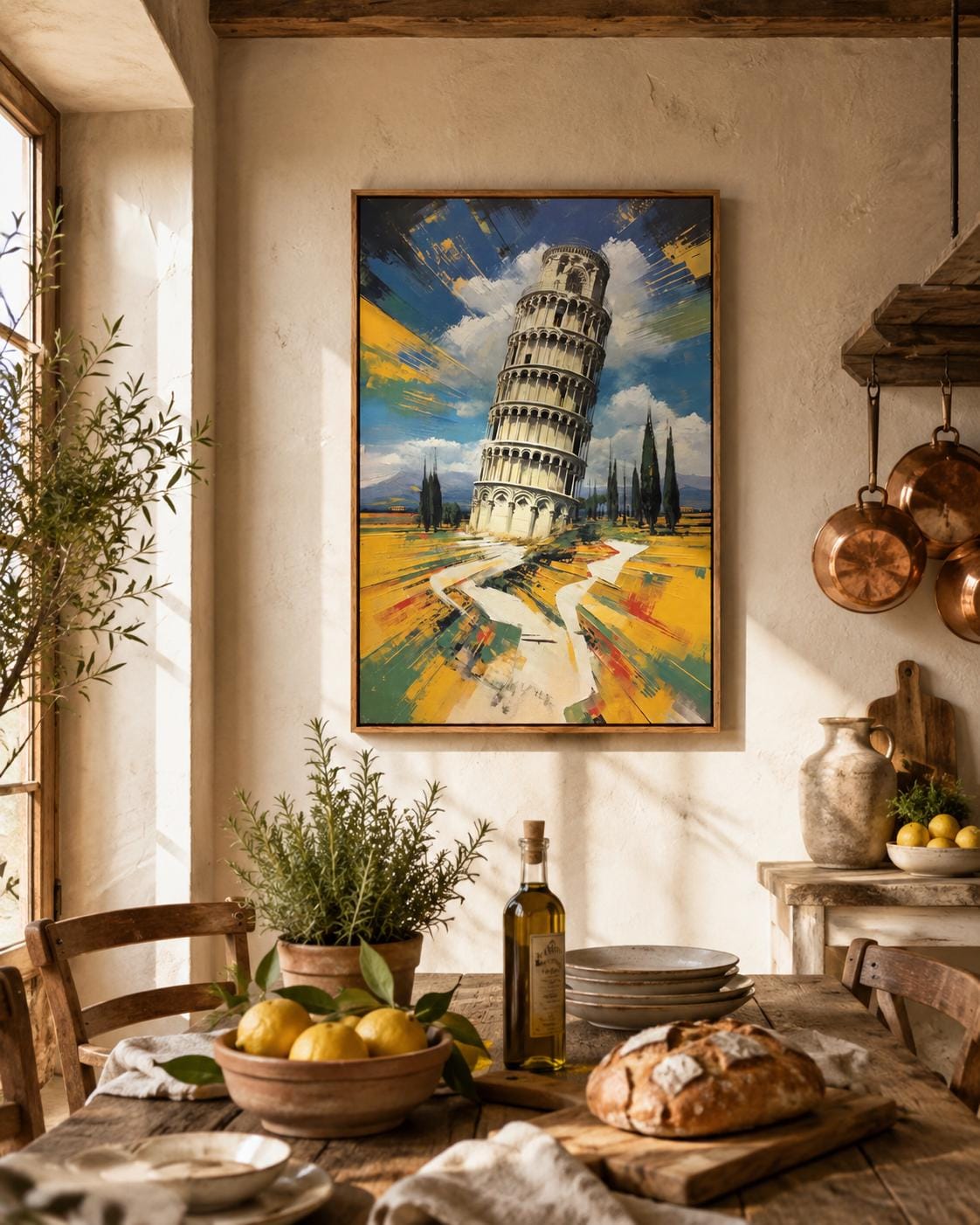 Man standing by a framed Leaning Tower of Pisa painting in an office-like room