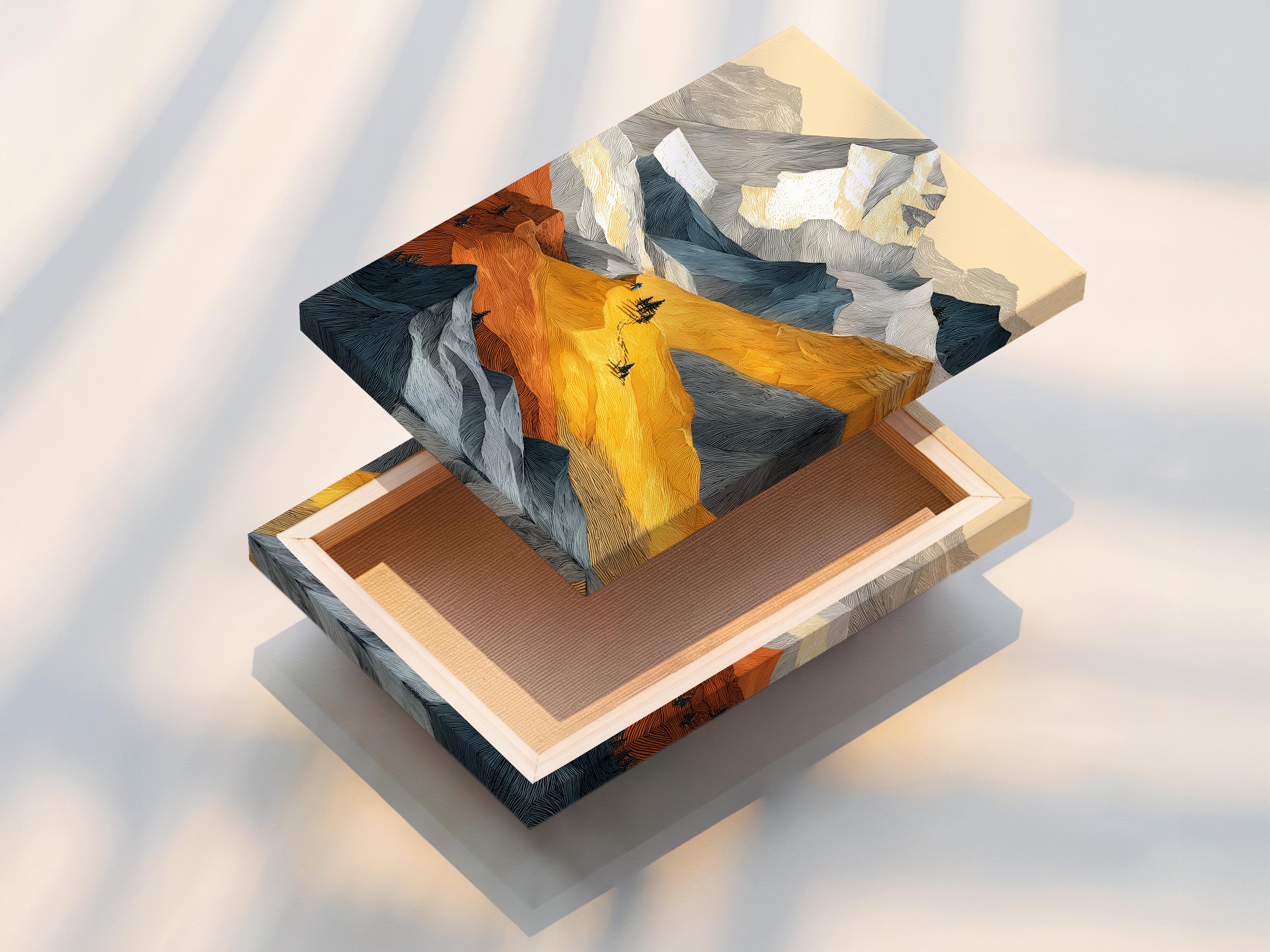 Textured mountain landscape with warm gold and burnt orange slopes and cool blue-grey peaks detail view