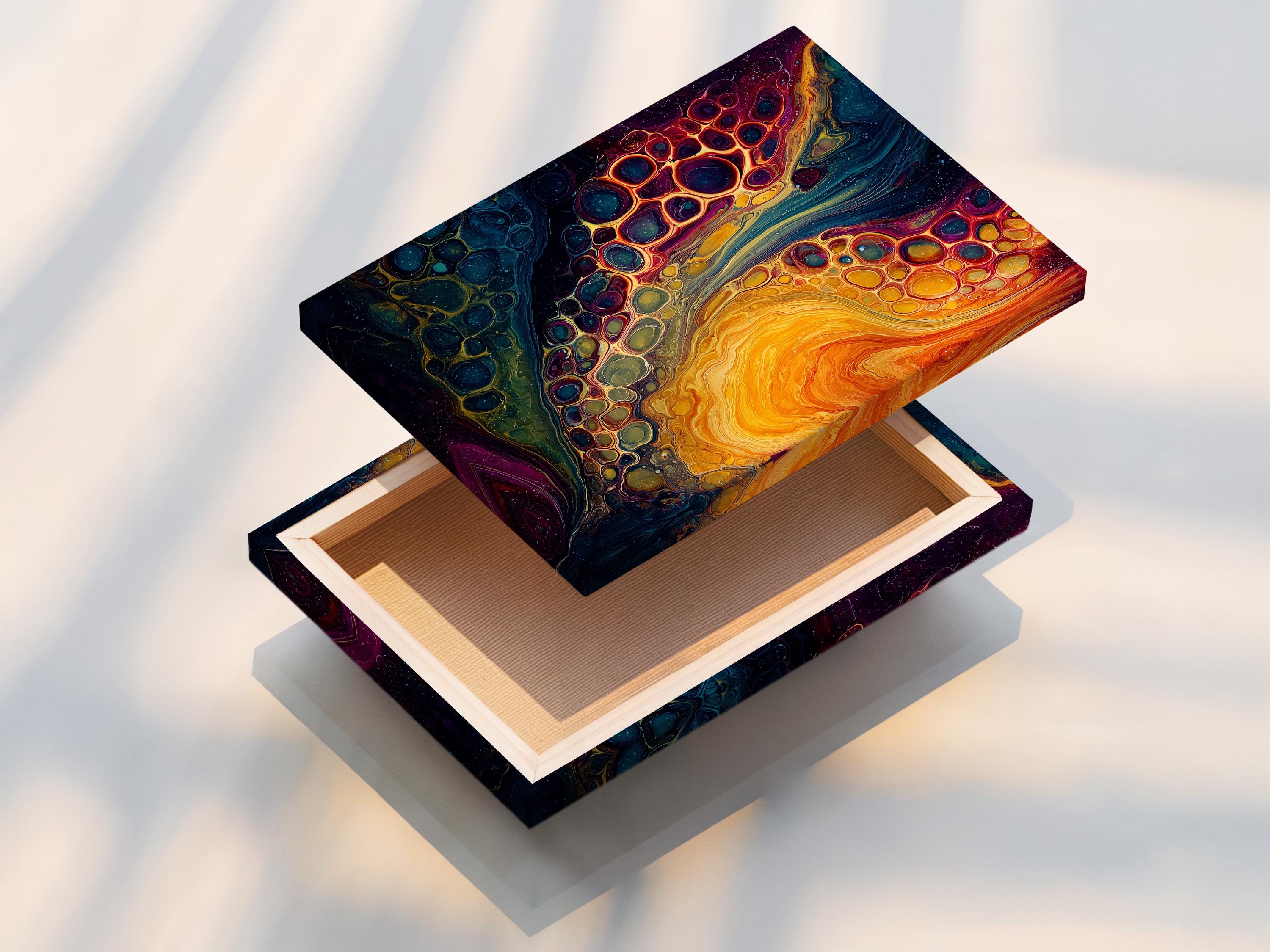 Vivid fluid abstract painting with teal and orange gold tones and bubble-like cells detail view