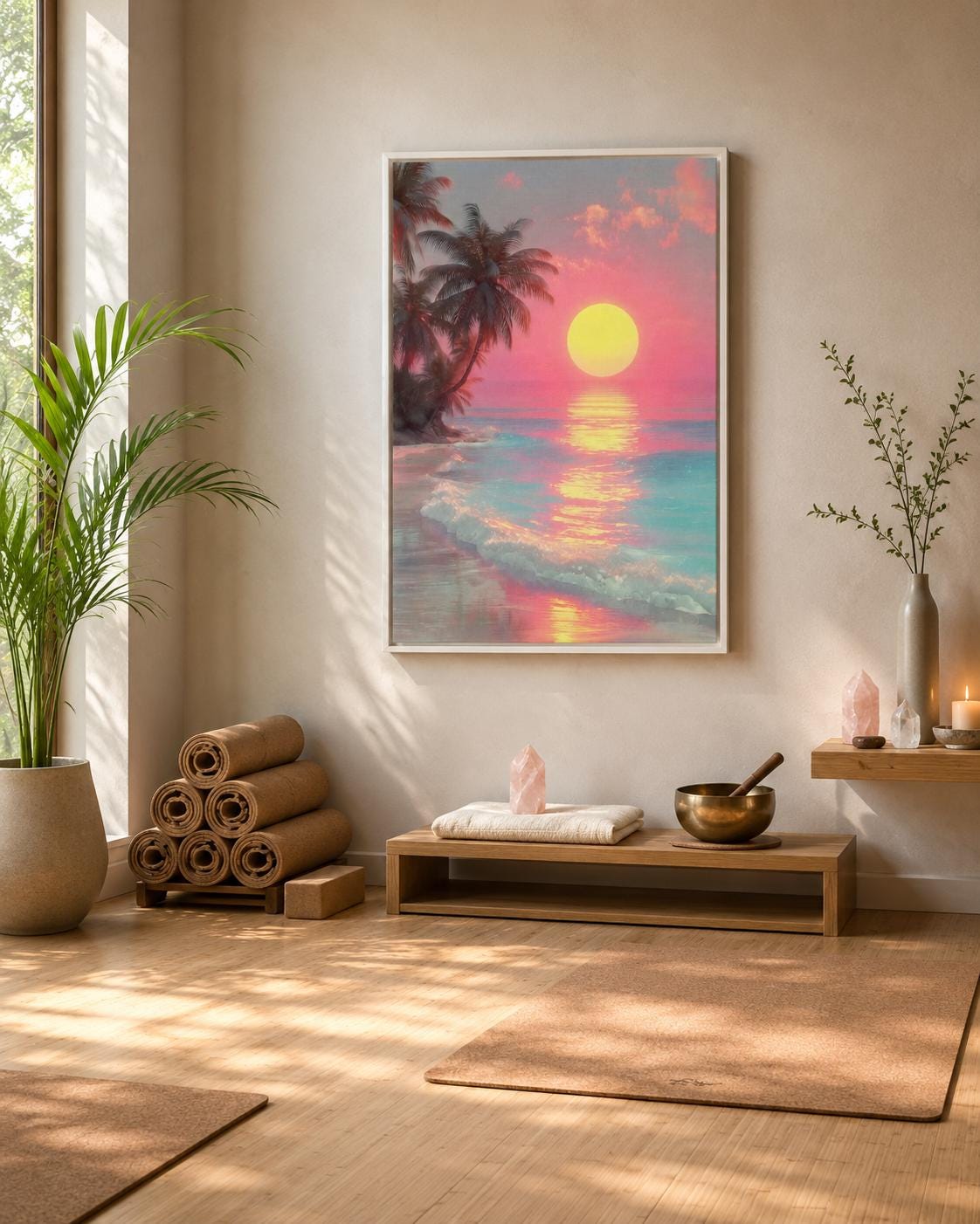 A framed tropical seascape shows a bright yellow sun over pink and turquoise water, with palm silhouettes and glowing reflections detail view