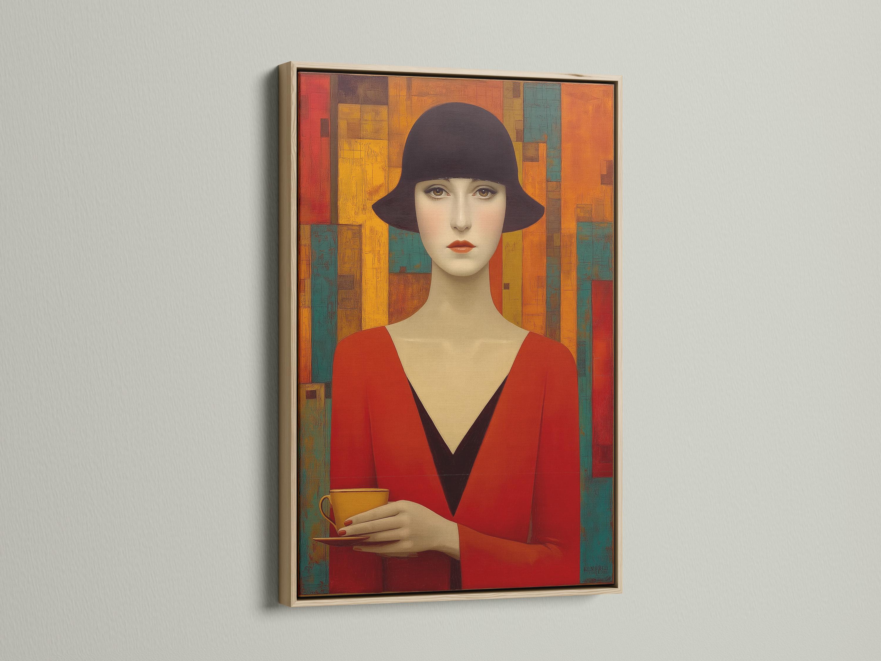 Stylised woman portrait with dark hat, red dress and geometric Art Deco blocks in red, gold and teal detail view