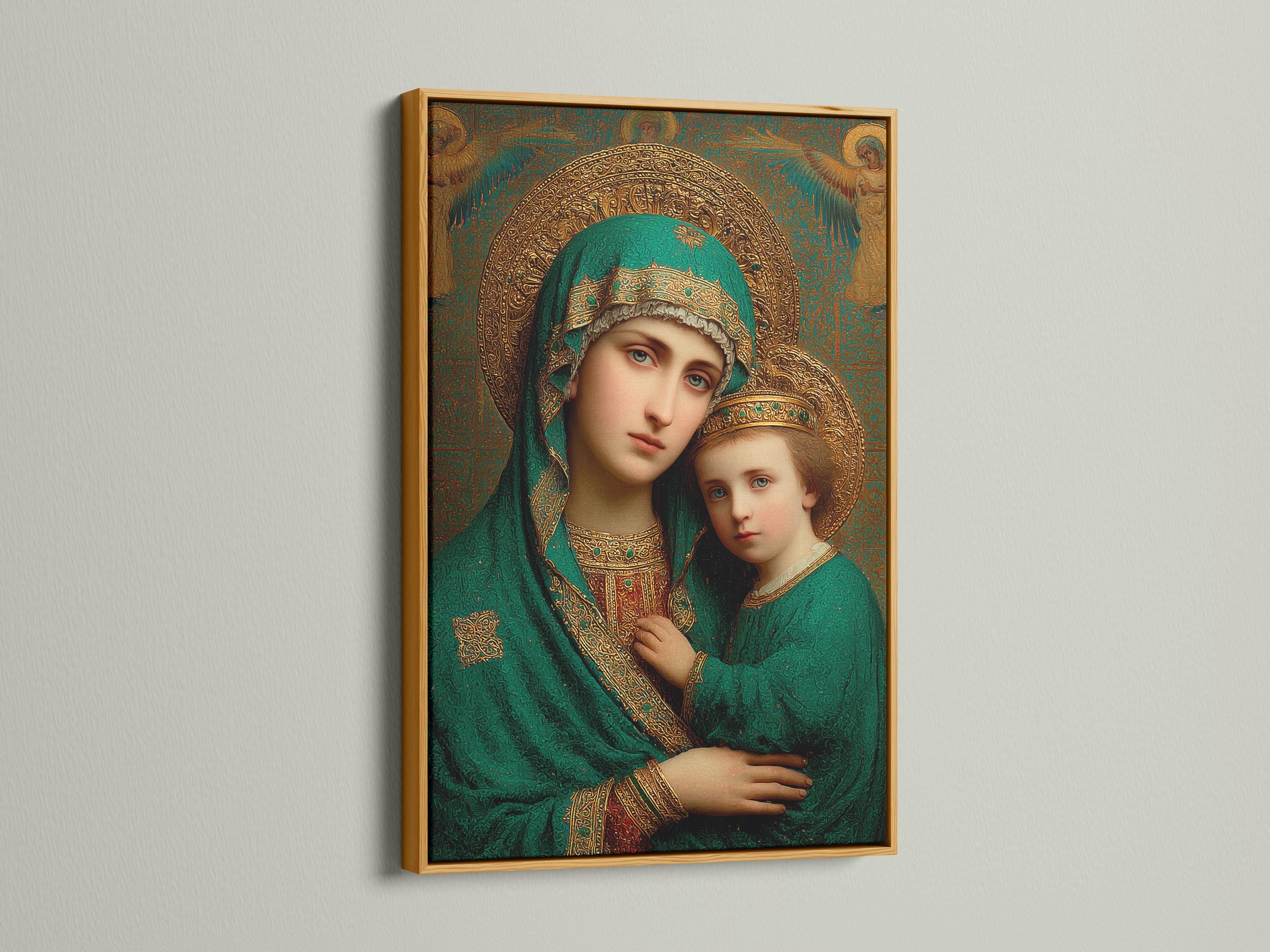 Room mockup showing a framed devotional portrait with emerald and gold figures and halos