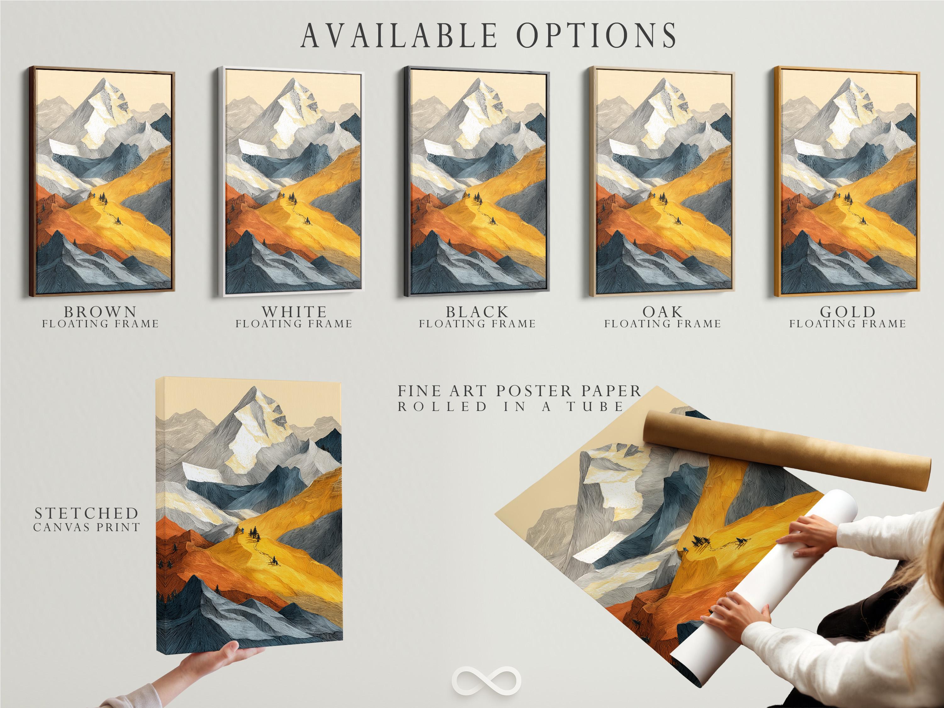 Textured mountain landscape with warm gold and burnt orange slopes and cool blue-grey peaks detail view