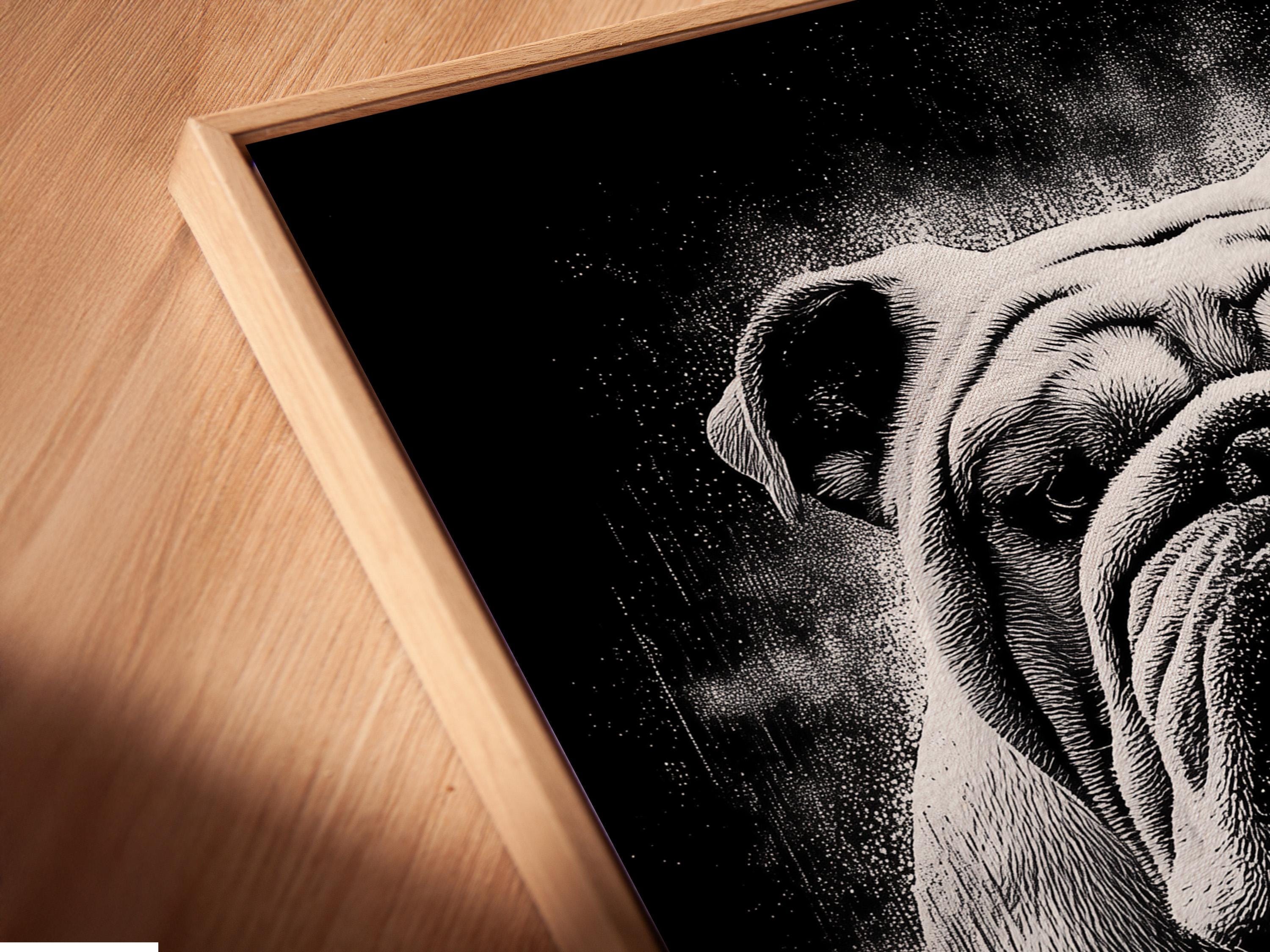 Monochrome bulldog portrait with a cigar and swirling smoke against a dark background detail view