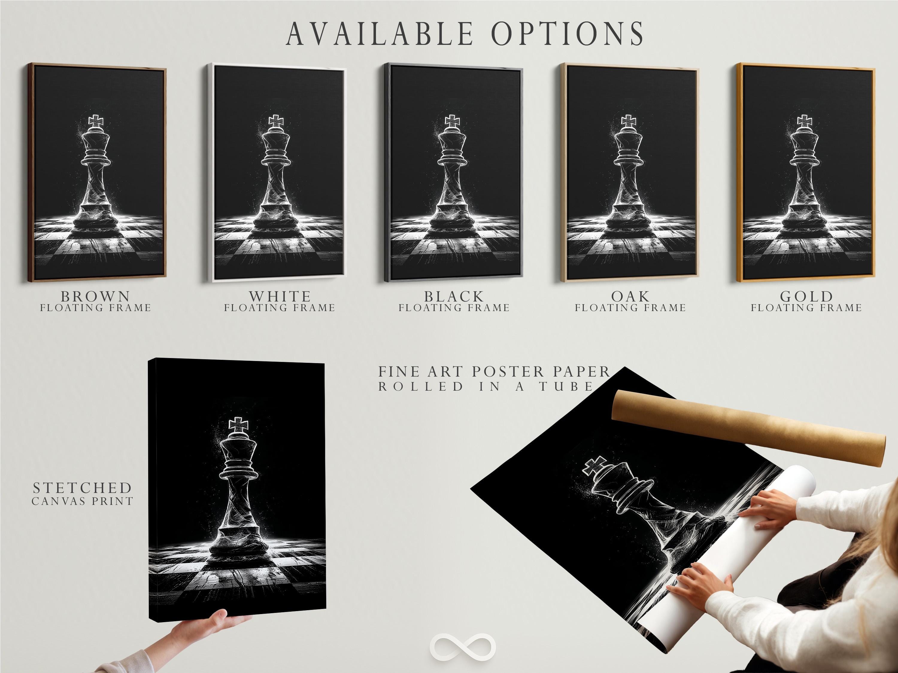 Black and white chess king illustration with a speckled background and perspective chessboard floor detail view