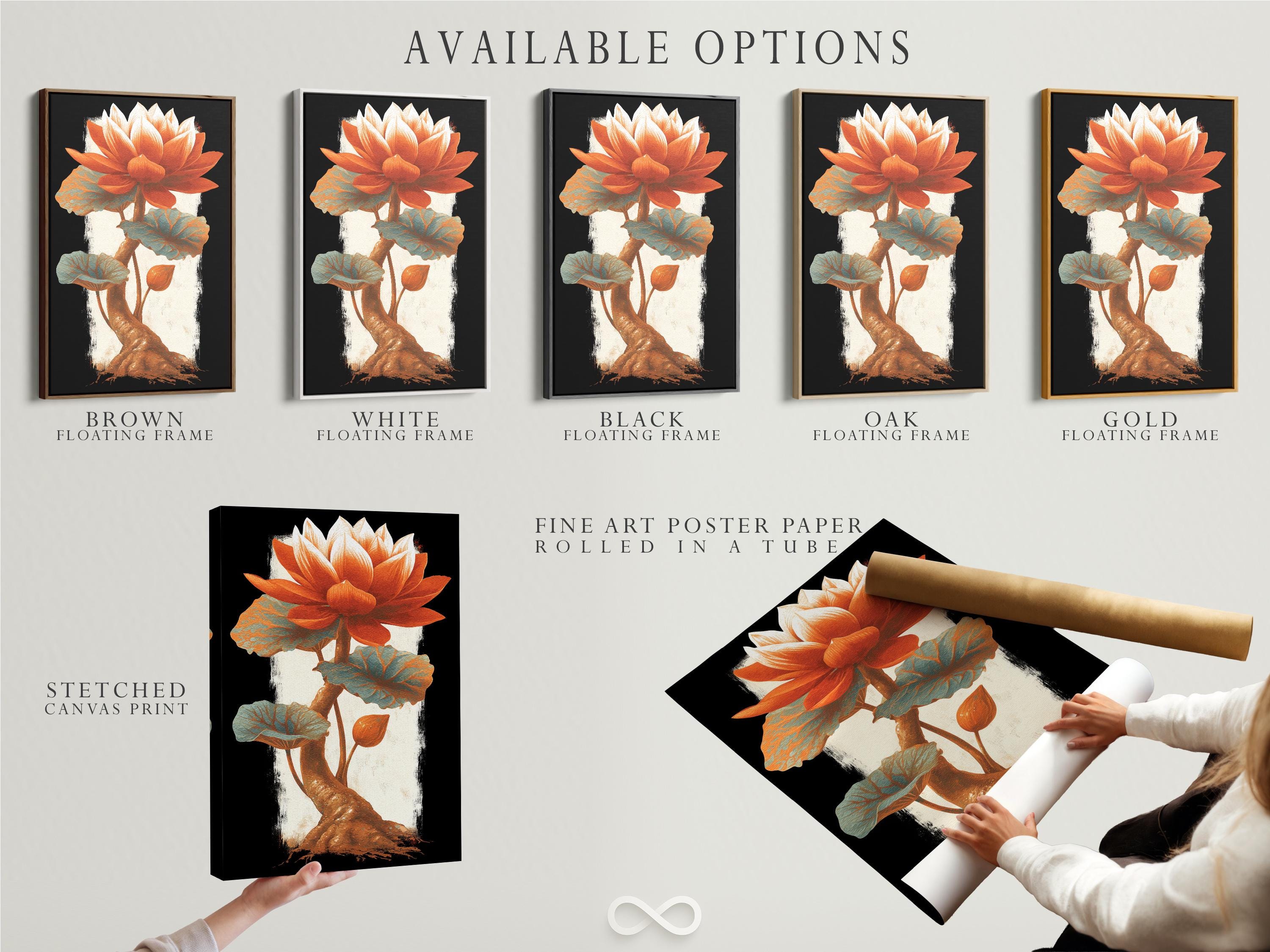 Room mockup showing a portrait lotus flower artwork with burnt orange petals and teal leaves
