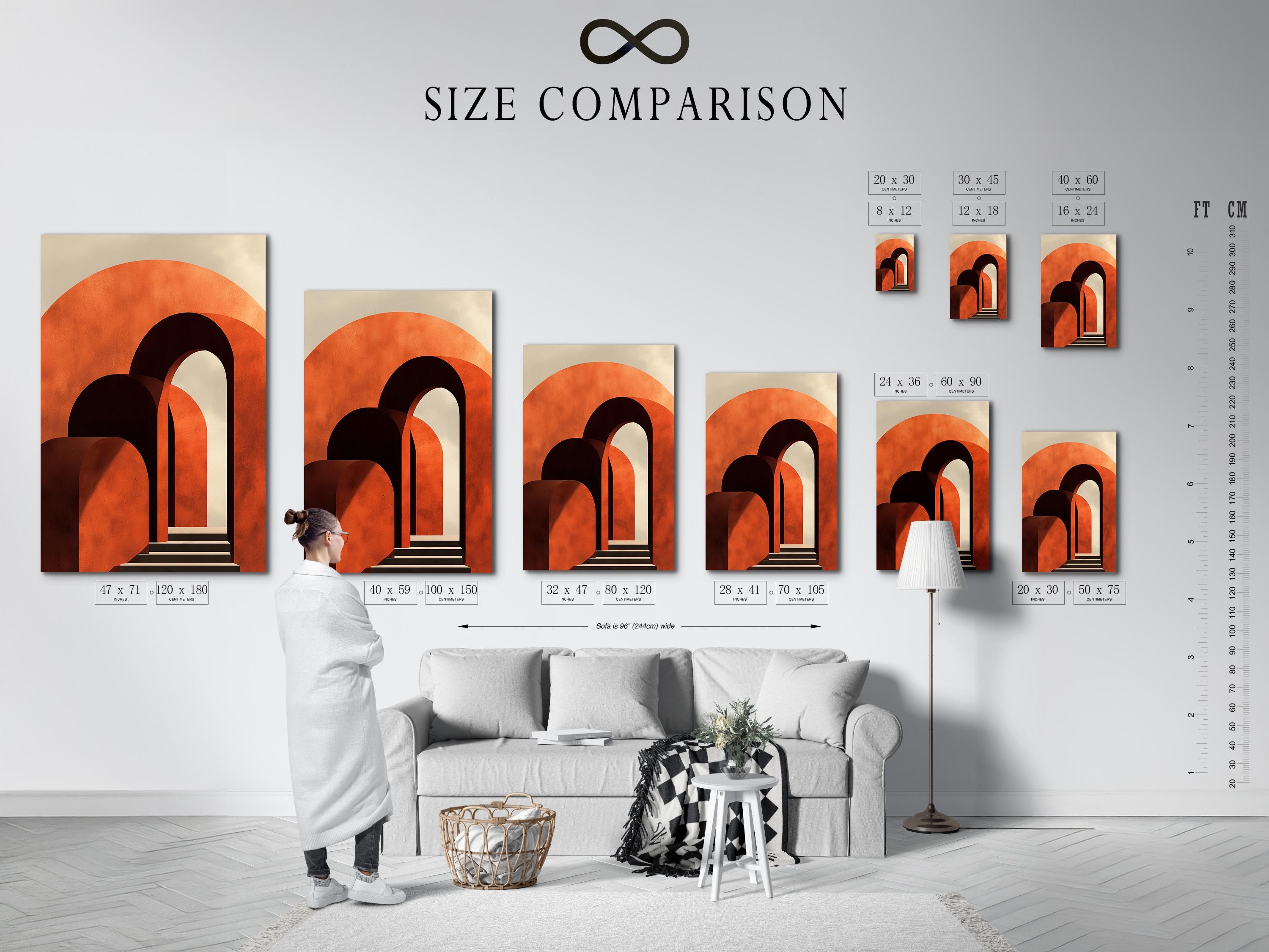 Abstract geometric archway artwork with burnt orange curves and dark charcoal doorway shapes detail view