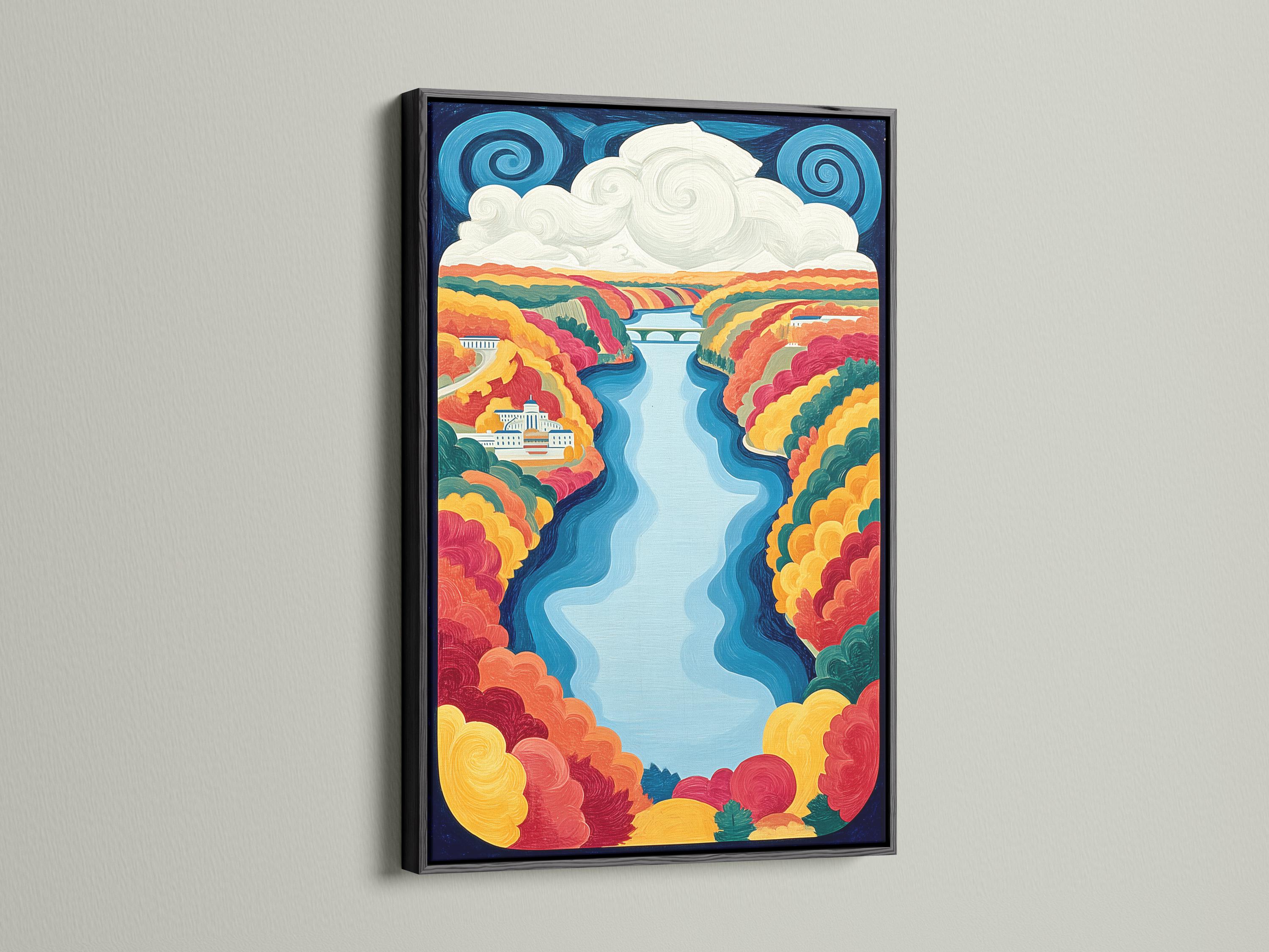 Stylised autumn river valley landscape with winding blue river, warm foliage, pale clouds and small buildings detail view