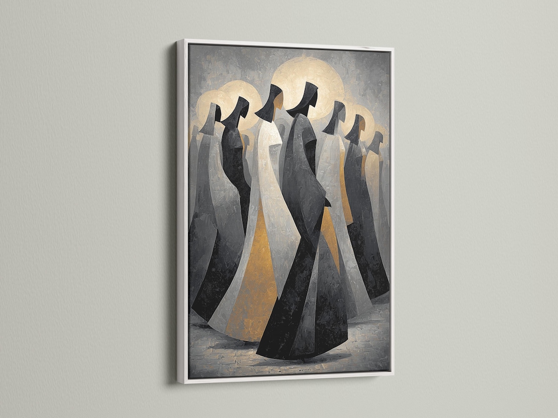 Framed artwork displayed on a neutral background with hooded figures and gold moon discs