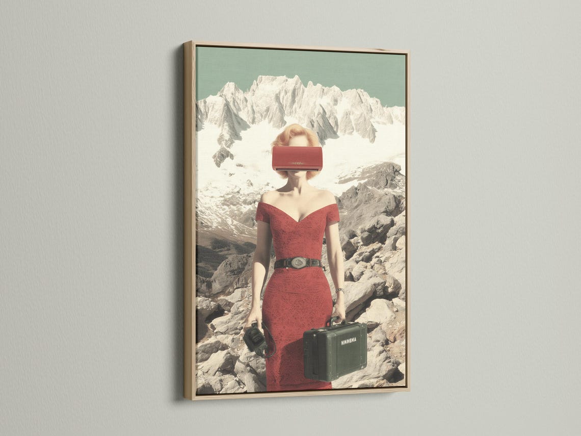 Surreal woman in a red dress standing in a snowy mountain landscape with luggage detail view