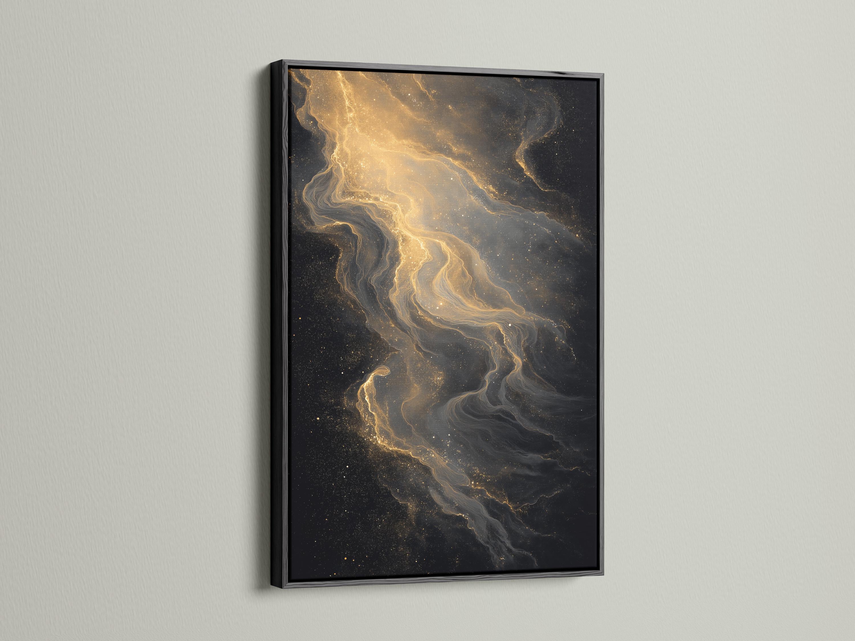 Room mockup showing a framed black and gold abstract artwork with gold dust trails