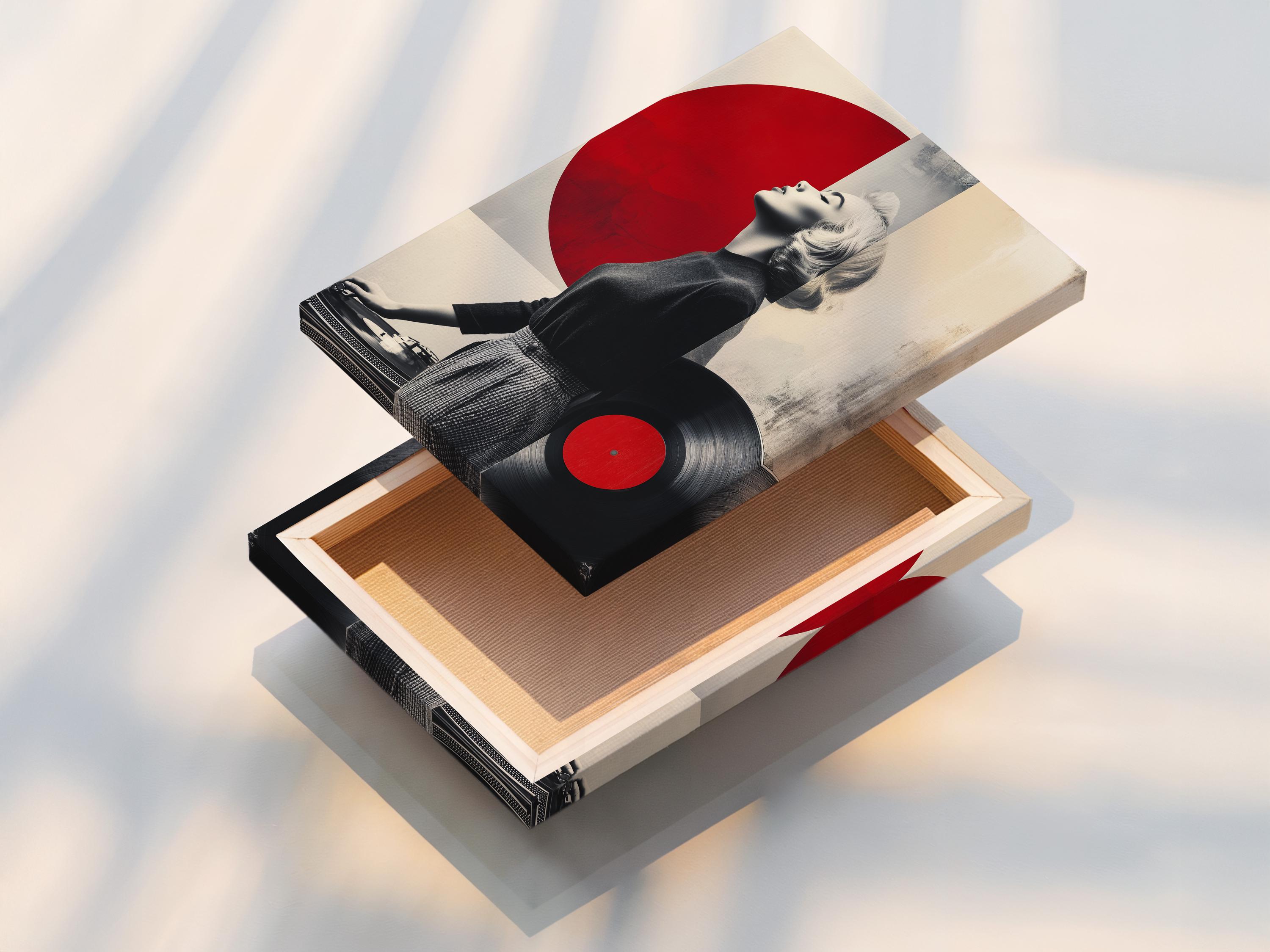 Monochrome portrait of a blonde woman with large red vinyl circle accents and a turntable detail view
