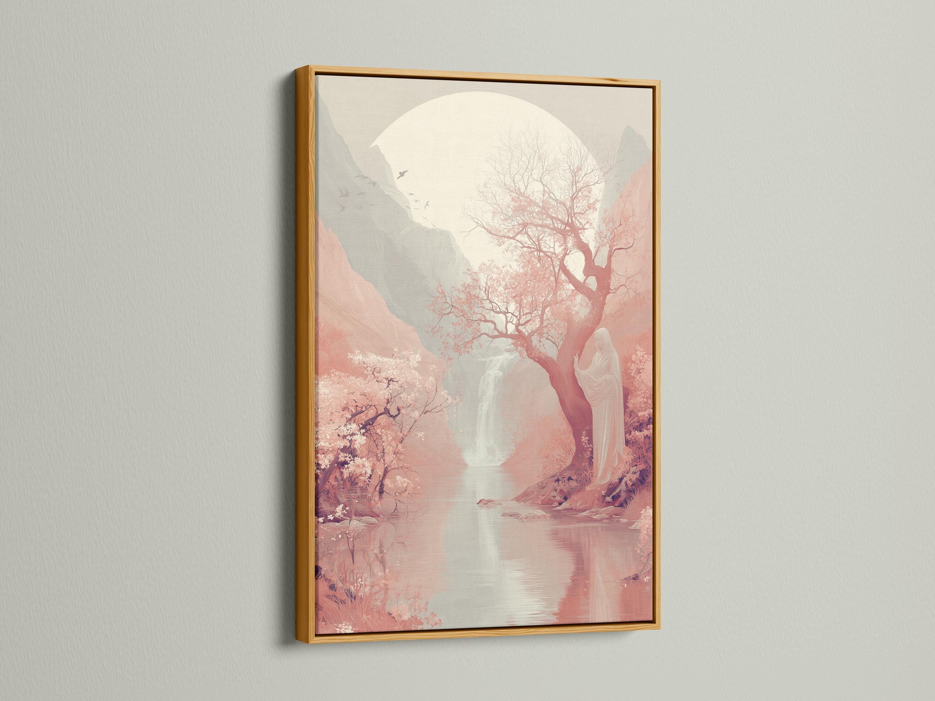 Framed moonlit landscape artwork with a blossom tree, misty mountains and reflective water detail view