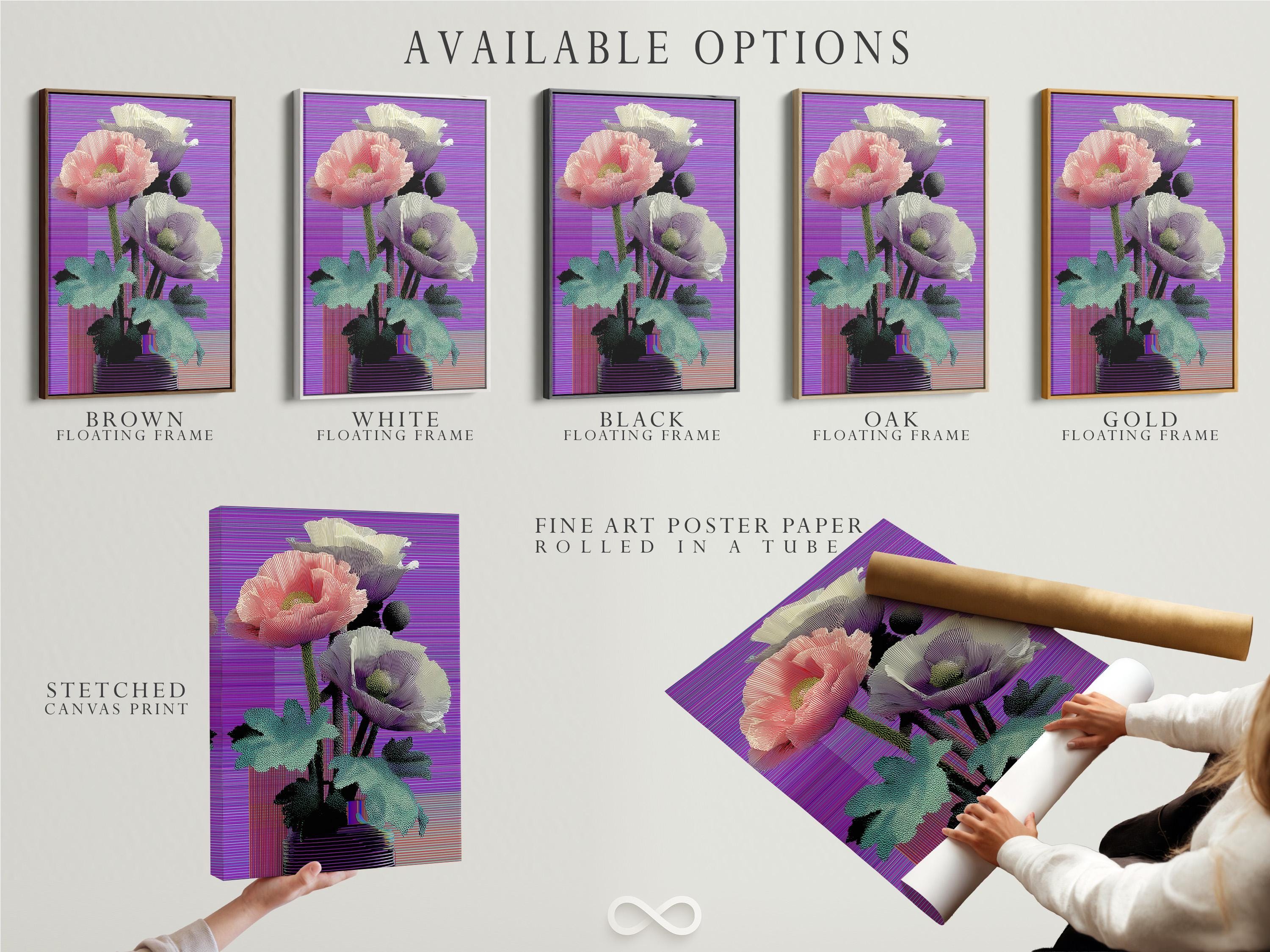 Retro glitch poppy flowers in pink, purple and teal with a striped vase and horizontal purple lines detail view