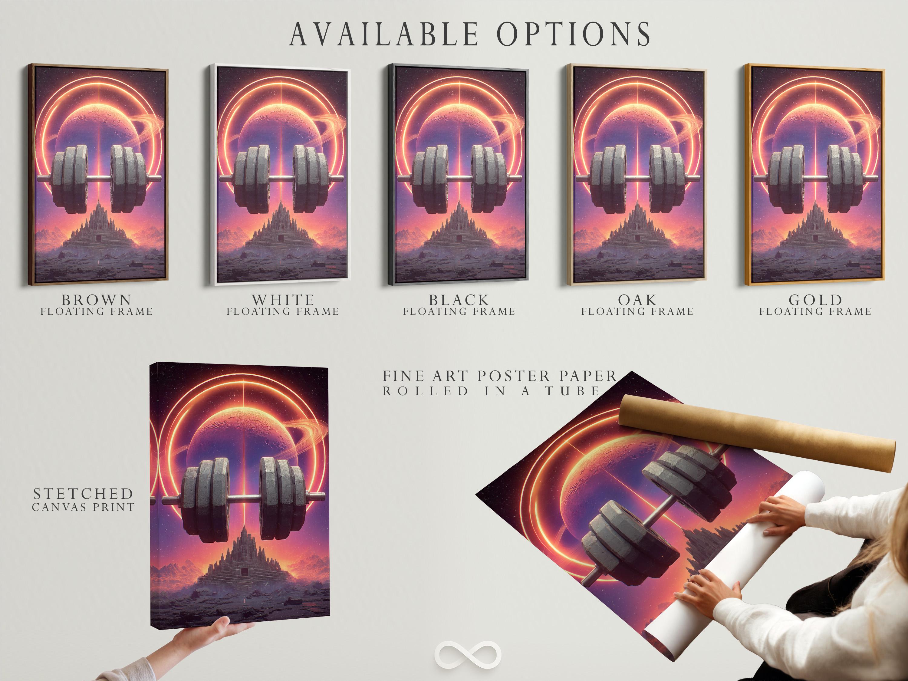 Futuristic gym wall art artwork mockup with neon planet and barbell