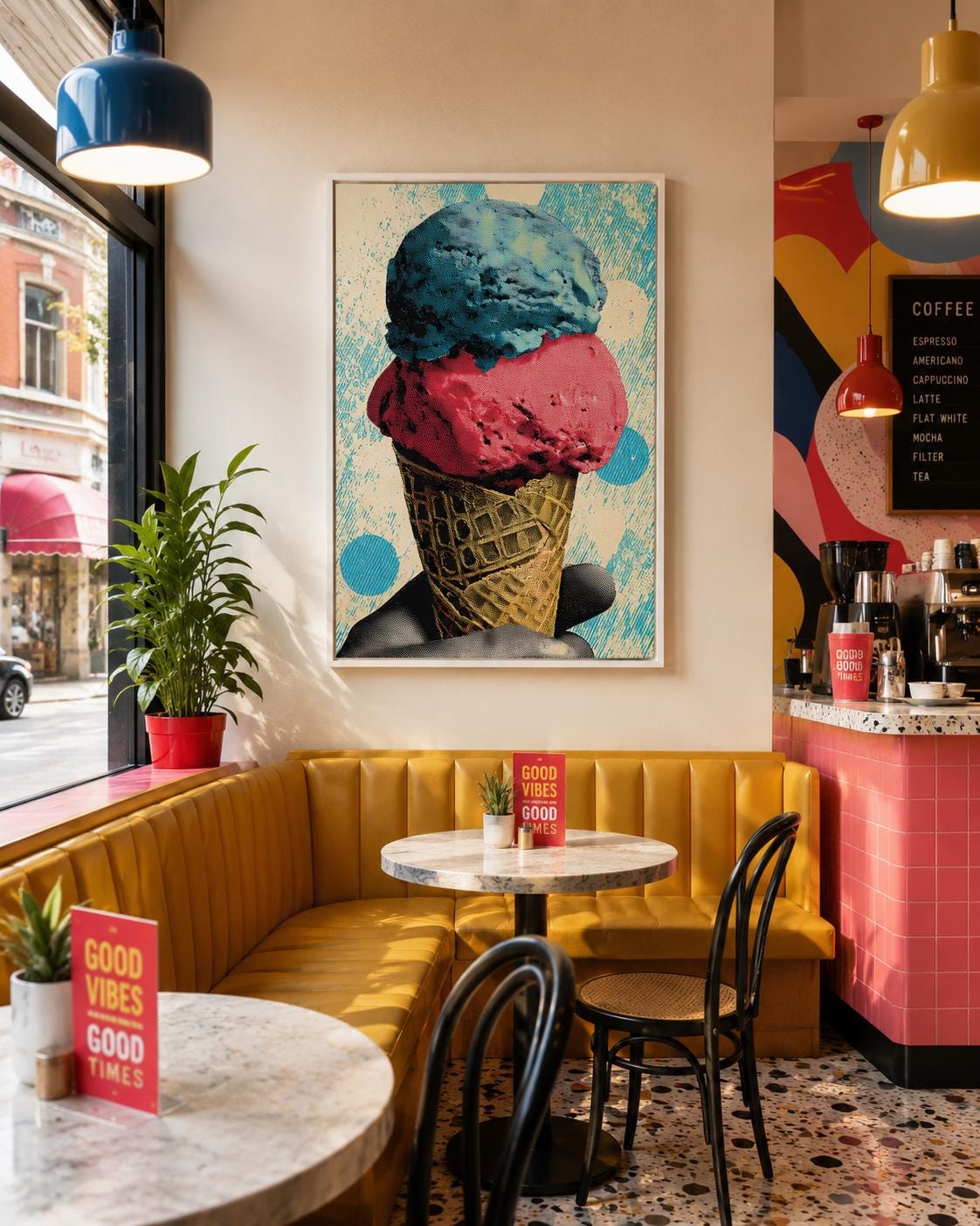 Pop-art ice cream cone illustration with turquoise and coral scoops and a patterned cone detail view