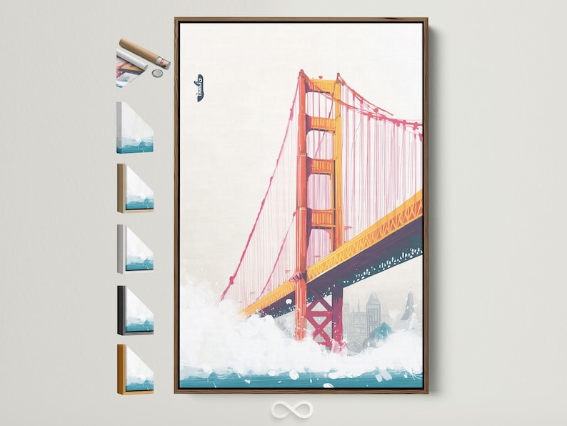Stylised red and gold suspension bridge with teal water and faint skyline buildings