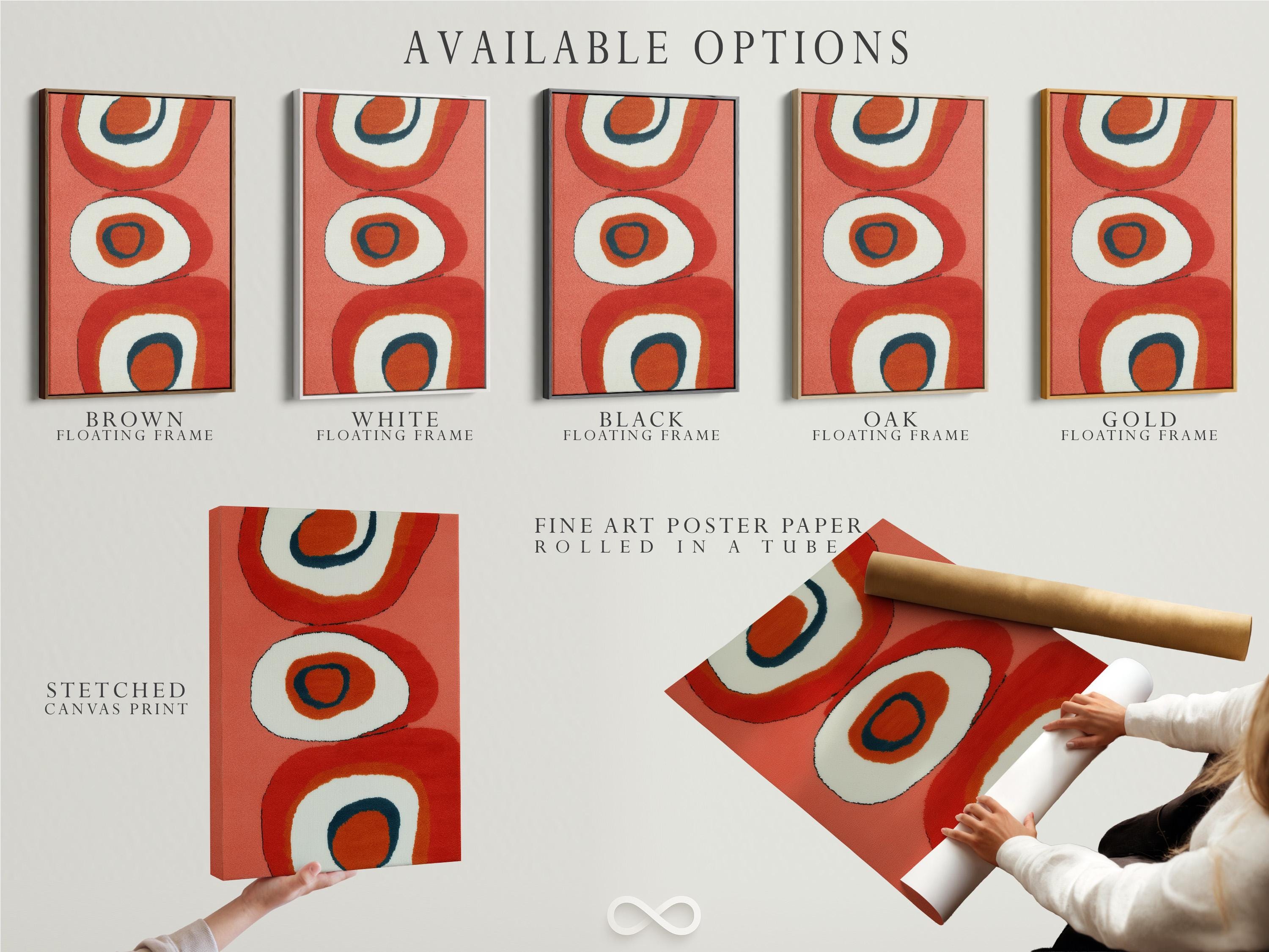 Coral and navy abstract artwork with retro ring shapes and off-white circular centres detail view