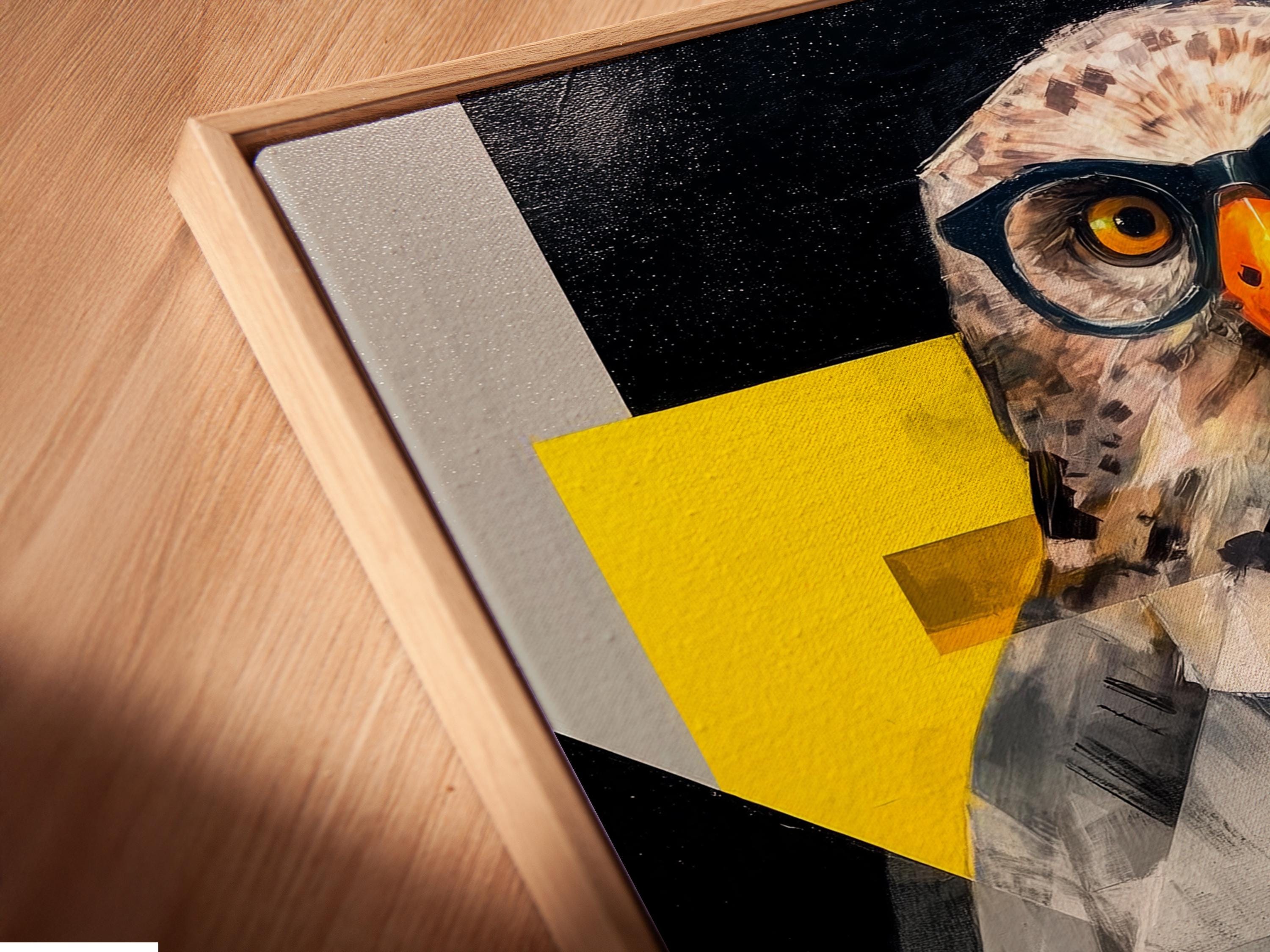 Geometric owl portrait with spectacles and lab bottles in black, grey, yellow and orange detail view