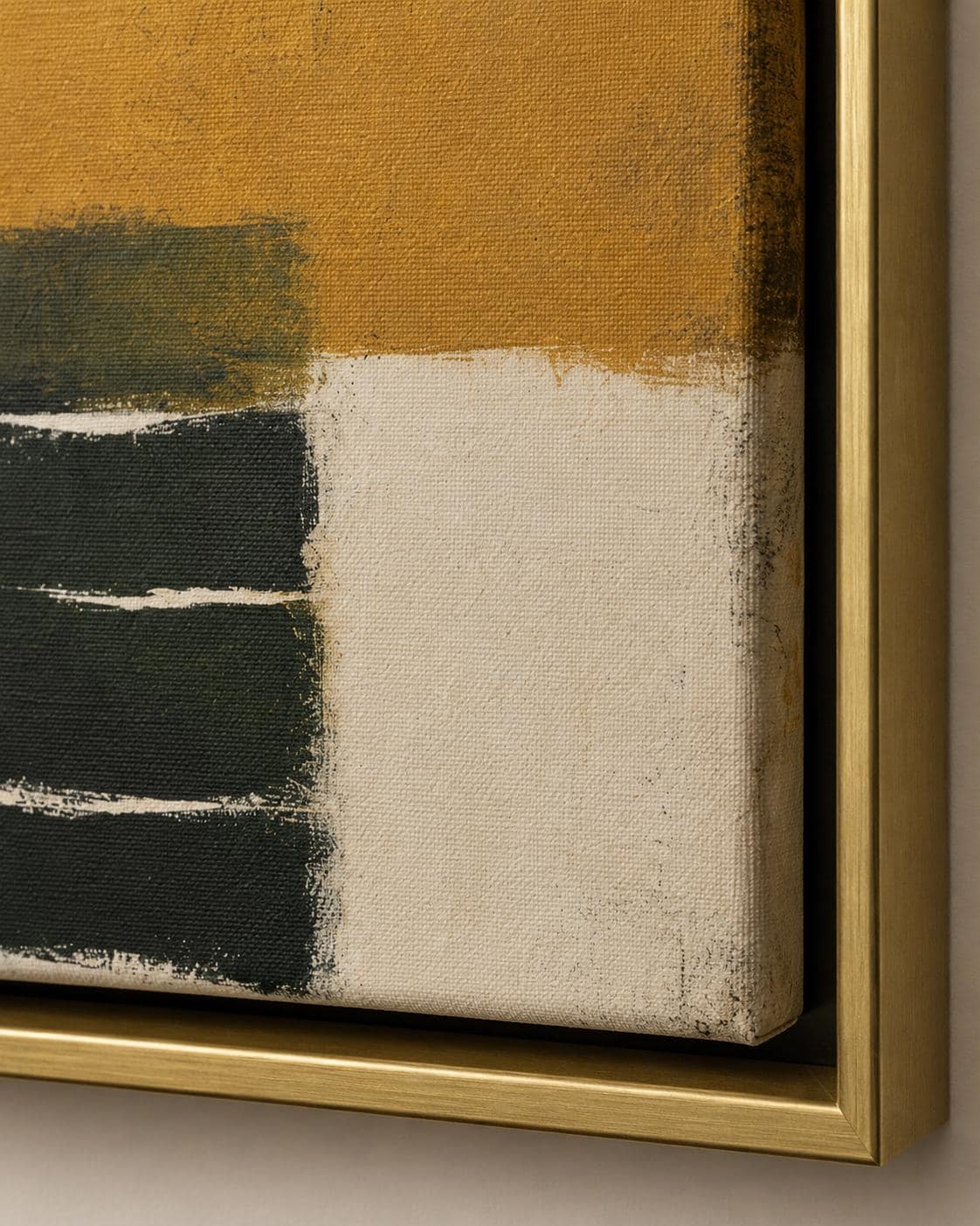 Three-panel abstract colour field triptych with deep blue, mustard ochre and near-black textures detail view