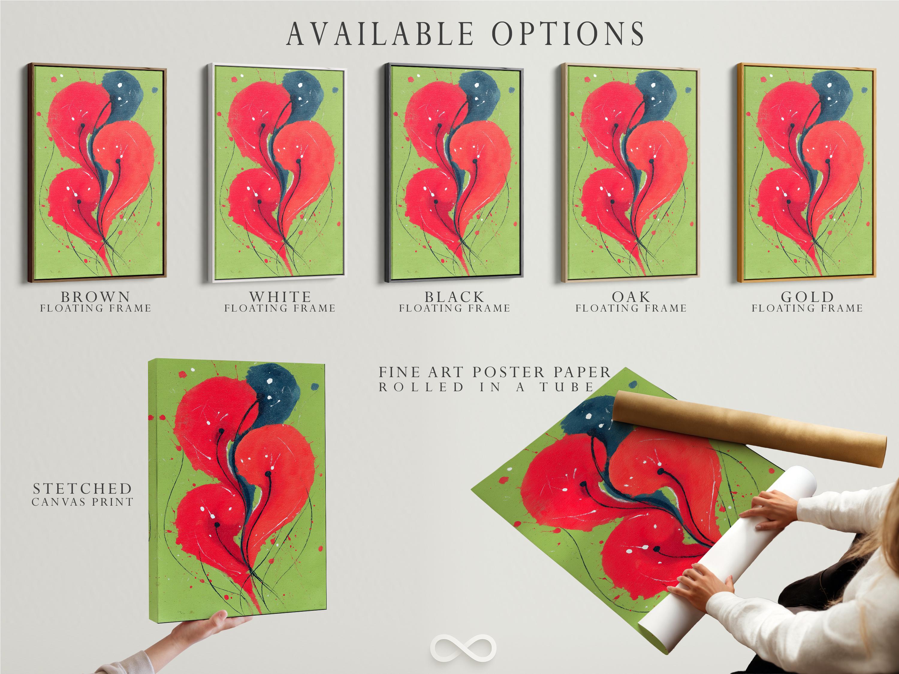 Abstract floral artwork with red blooms and deep blue petals on a lime green background detail view