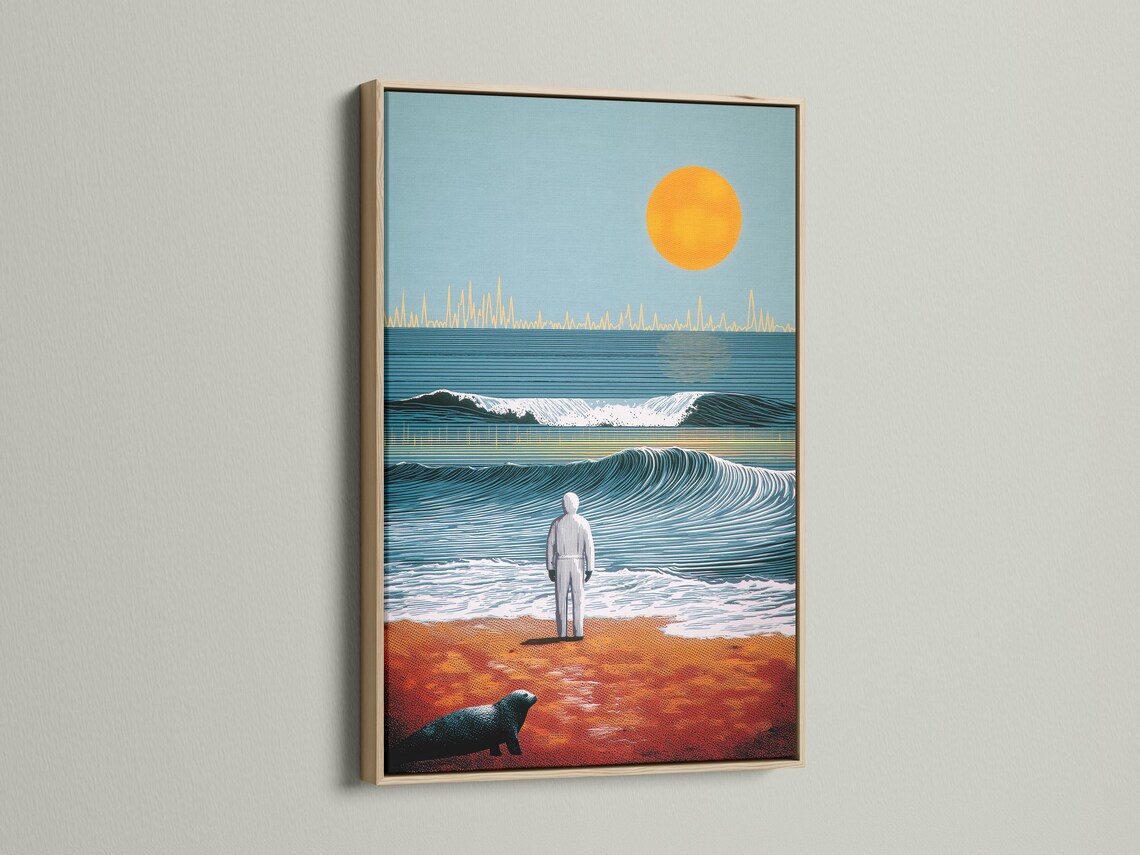 Stylised seascape with teal ocean waves, an orange sun, a beach figure, and a dark animal silhouette detail view
