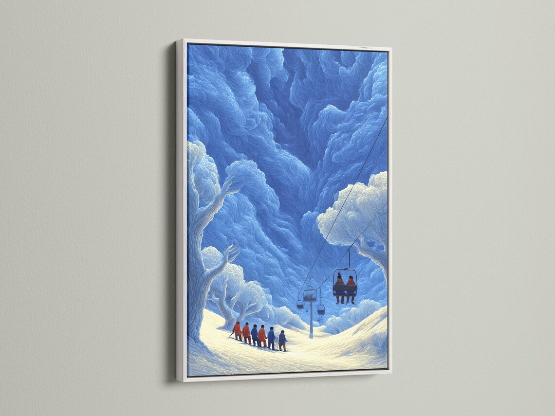 Blue winter ski resort scene with chairlift cabin and skiers in snowy mountains detail view