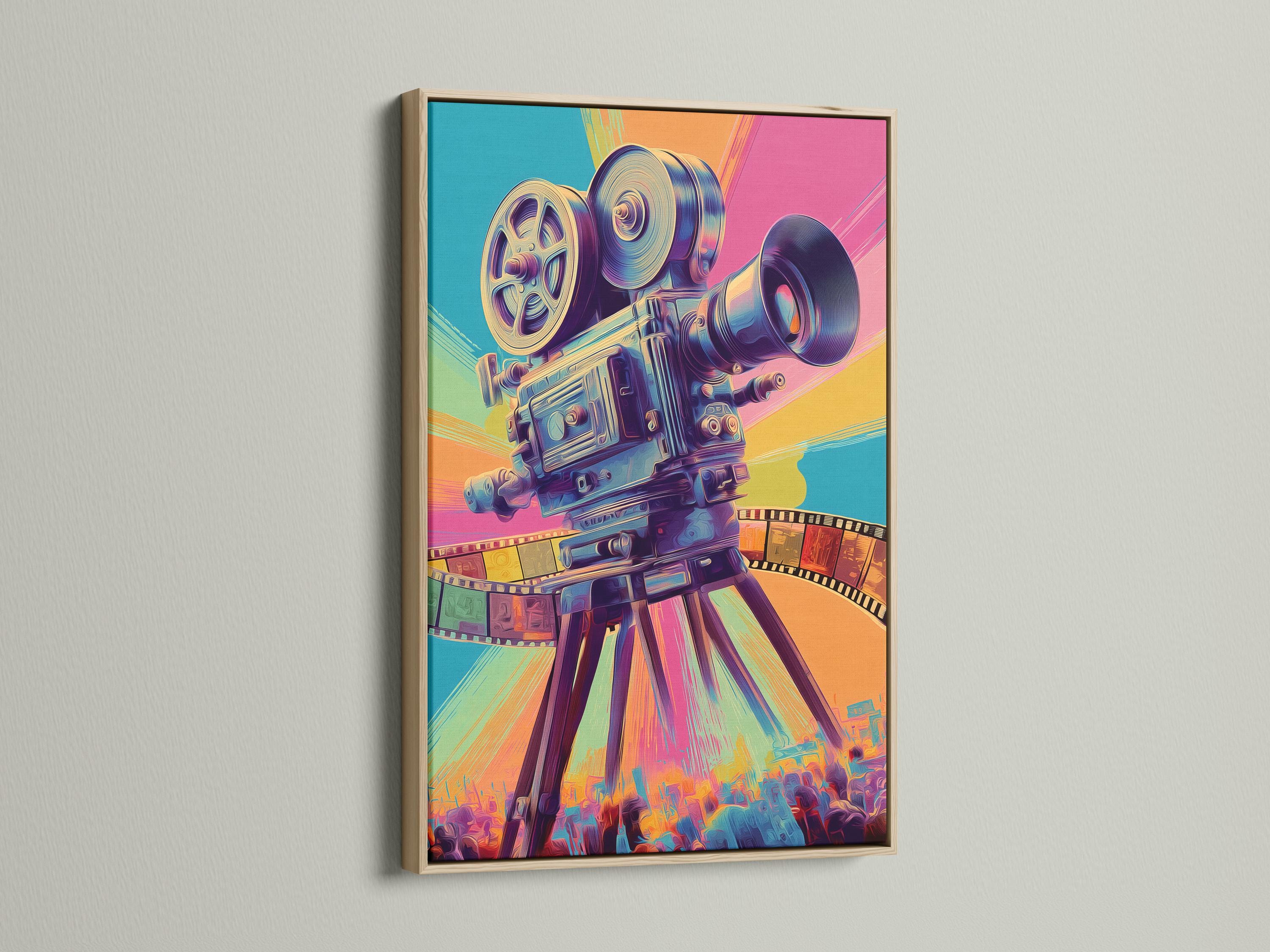 Stylised vintage movie camera in turquoise, hot pink and purple with a curved film strip detail view