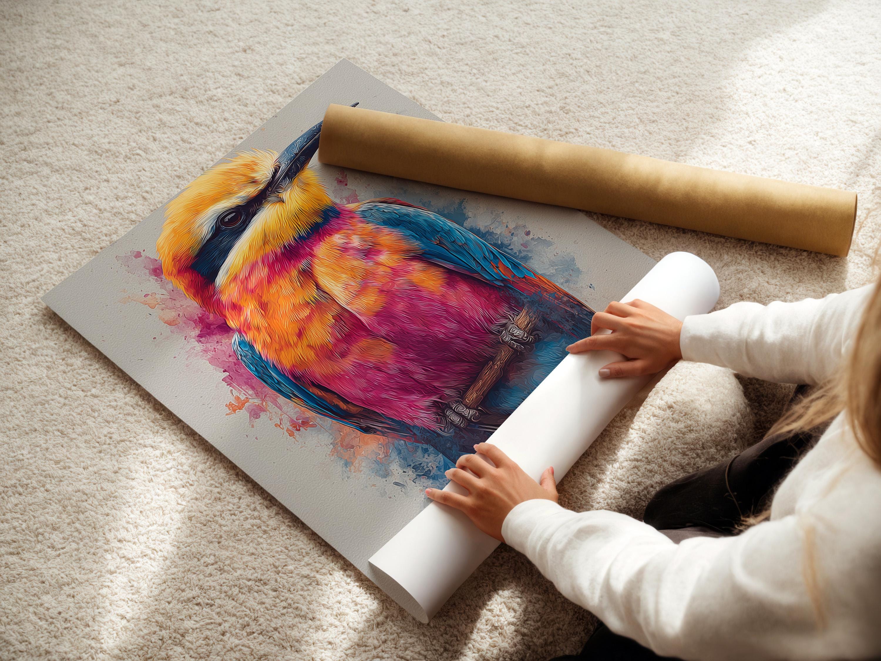 Colourful stylised bird in orange, pink and turquoise with splatter washes on a light background detail view