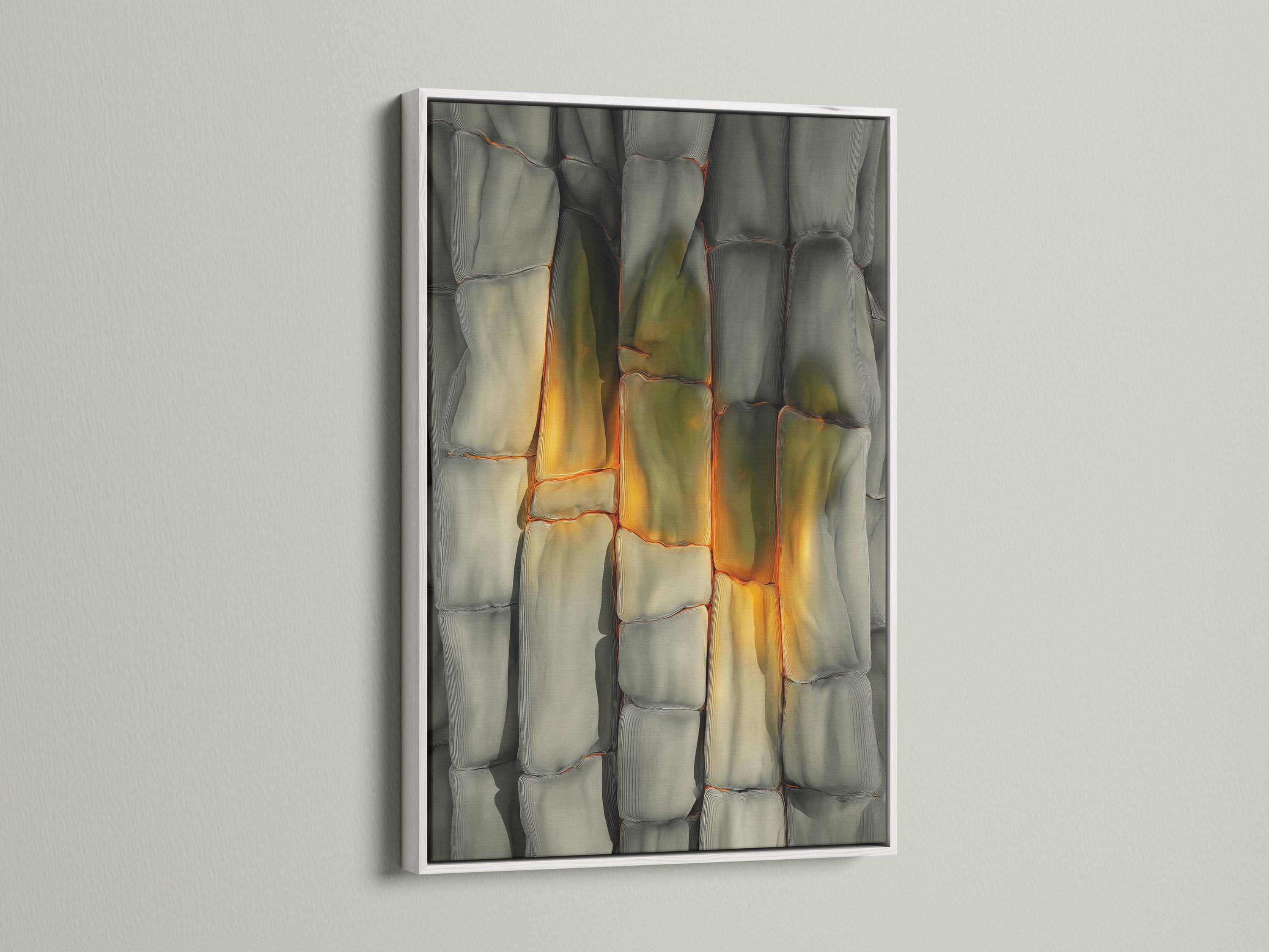 Abstract stone-texture artwork with cool grey blocks and warm beige-gold highlights in a rectangular frame detail view