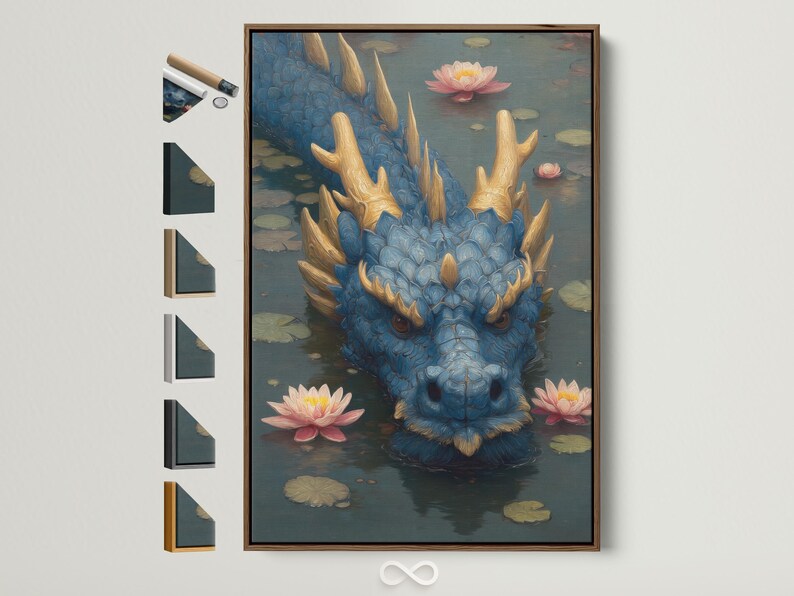 Blue dragon head emerging from dark water with pink lotus flowers and gold horns