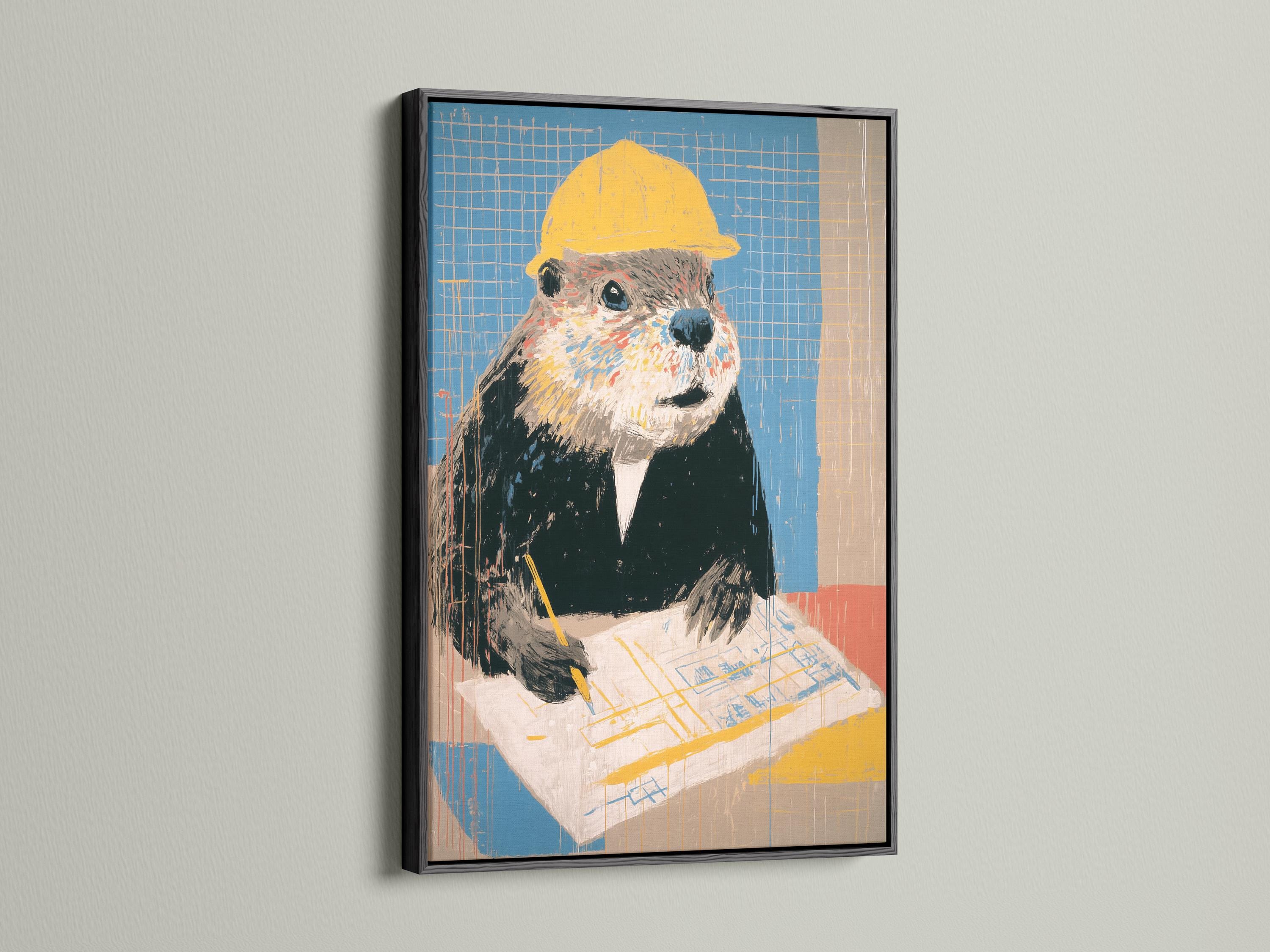 Stylised beaver wearing a yellow hard hat on a blue blueprint grid background detail view
