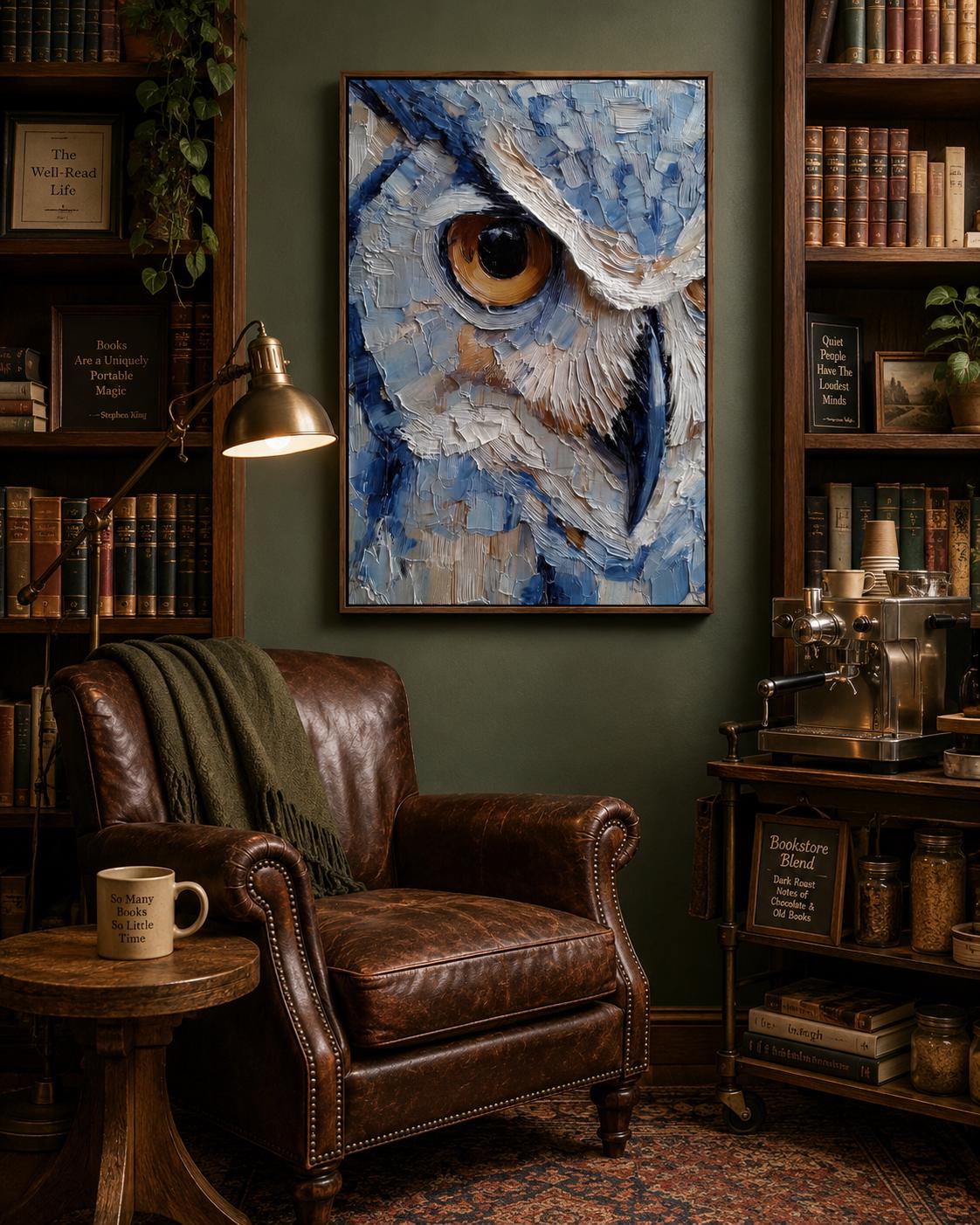 Room scene with a framed blue owl painting above a desk where a person writes in a book