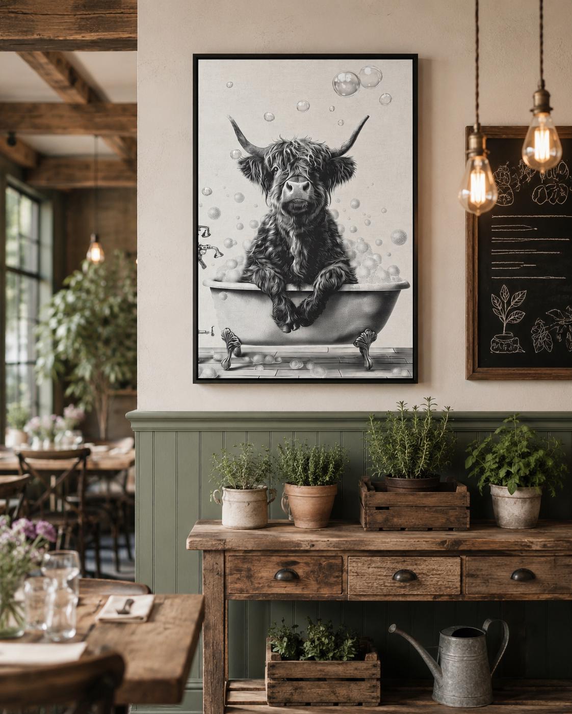 Woman holding a mug standing beside a framed monochrome highland cow bathtub artwork