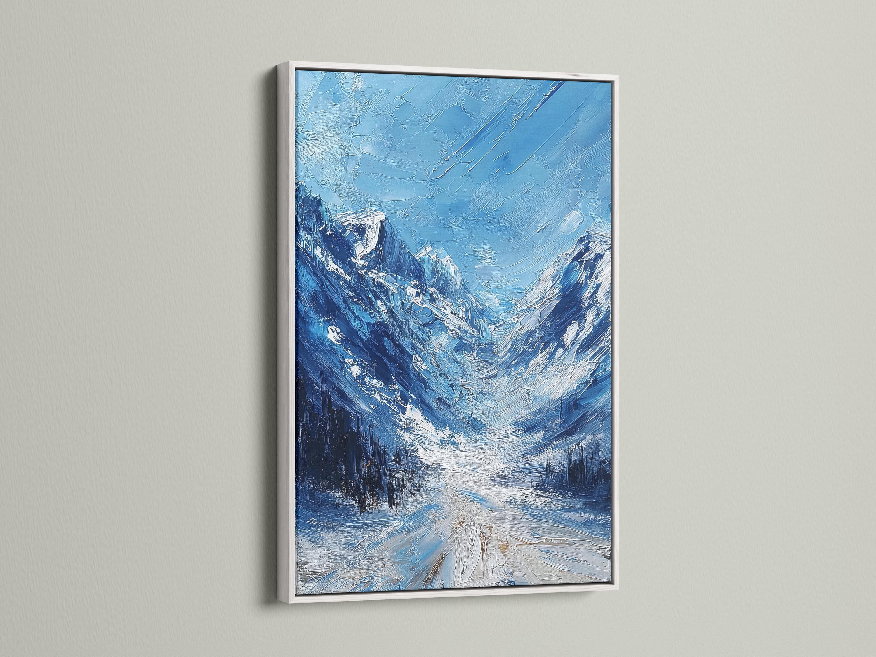 Textured blue winter mountain landscape painting with snowy peaks and valleys detail view